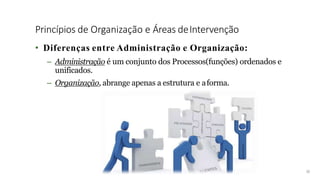 Princípios de Organização e Áreas deIntervenção
20
• Diferenças entre Administração e Organização:
– Administração é um conjunto dos Processos(funções) ordenados e
unificados.
– Organização, abrange apenas a estrutura e aforma.
 