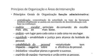 Princípios de Organização e Áreas deIntervenção
– cadeia escalar –princípio do comando: do escalão
mais alto, ao mais baixo.
– ordem –um lugar para cada coisa e cada coisa no seulugar.
– equidade – amabilidade e justiça para alcance da lealdade do
pessoal.
– estabilidade do pessoal –rotatividade tem
impacto negativo sobre a eficiência do pessoal.
– iniciativa –visualizar planos e garantir osucesso.
– espírito de equipa –harmonia e união entre as pessoas.
23
• Princípios Gerais de Organização função administrativa:
– centralização –concentração da autoridade no topo da hierarquia
(embora atualmente se assista um movimento de descentralização com
base na confiança).
 