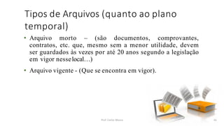 Tipos de Arquivos (quanto ao plano
temporal)
Prof. Carlos Moura 44
• Arquivo morto – (são documentos, comprovantes,
contratos, etc. que, mesmo sem a menor utilidade, devem
ser guardados às vezes por até 20 anos segundo a legislação
em vigor nesselocal…)
• Arquivo vigente - (Que se encontra em vigor).
 