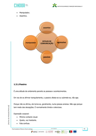 (NomedoMódulo/Manual)
Formadora Diana Gonçalves 12
 Manipulador;
 Assertivo.
1.3.1.Passivo
É uma atitude de evitamento perante as pessoas e acontecimentos.
Em vez de se afirmar tranquilamente, o passivo afasta-se ou submete-se, não age.
Porque não se afirma, ele torna-se, geralmente, numa pessoa ansiosa. Não age porque
tem medo das decepções. É normalmente tímido e silencioso.
Expressão corporal:
 Mínimo contacto visual.
 Quieto, voz hesitante.
 Fala confusa.
ESTILOS DE
COMUNICAÇÃO
assertivo
agressivo
passivo
manipulador
 