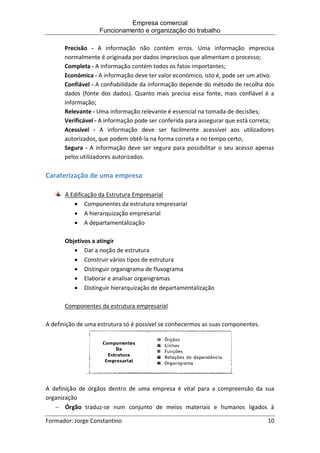 Empresa comercial
Funcionamento e organização do trabalho
Formador: Jorge Constantino 10
Precisão - A informação não contém erros. Uma informação imprecisa
normalmente é originada por dados imprecisos que alimentam o processo;
Completa - A informação contém todos os fatos importantes;
Económica - A informação deve ter valor económico, isto é, pode ser um ativo.
Confiável - A confiabilidade da informação depende do método de recolha dos
dados (fonte dos dados). Quanto mais precisa essa fonte, mais confiável é a
informação;
Relevante - Uma informação relevante é essencial na tomada de decisões;
Verificável - A informação pode ser conferida para assegurar que está correta;
Acessível - A informação deve ser facilmente acessível aos utilizadores
autorizados, que podem obtê-la na forma correta e no tempo certo;
Segura - A informação deve ser segura para possibilitar o seu acesso apenas
pelos utilizadores autorizados.
Caraterização de uma empresa
A Edificação da Estrutura Empresarial
 Componentes da estrutura empresarial
 A hierarquização empresarial
 A departamentalização
Objetivos a atingir
 Dar a noção de estrutura
 Construir vários tipos de estrutura
 Distinguir organigrama de fluxograma
 Elaborar e analisar organigramas
 Distinguir hierarquização de departamentalização
Componentes da estrutura empresarial
A definição de uma estrutura só é possível se conhecermos as suas componentes.
A definição de órgãos dentro de uma empresa é vital para a compreensão da sua
organização
 Órgão traduz-se num conjunto de meios materiais e humanos ligados à
 