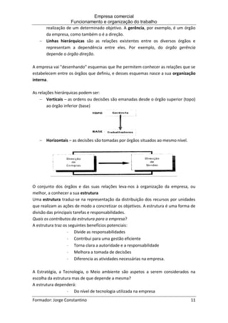 Empresa comercial
Funcionamento e organização do trabalho
Formador: Jorge Constantino 11
realização de um determinado objetivo. A gerência, por exemplo, é um órgão
da empresa, como também o é a direção.
 Linhas hierárquicas são as relações existentes entre os diversos órgãos e
representam a dependência entre eles. Por exemplo, do órgão gerência
depende o órgão direção.
A empresa vai "desenhando" esquemas que lhe permitem conhecer as relações que se
estabelecem entre os órgãos que definiu, e desses esquemas nasce a sua organização
interna.
As relações hierárquicas podem ser:
 Verticais – as ordens ou decisões são emanadas desde o órgão superior (topo)
ao órgão inferior (base)
 Horizontais – as decisões são tomadas por órgãos situados ao mesmo nível.
O conjunto dos órgãos e das suas relações leva-nos à organização da empresa, ou
melhor, a conhecer a sua estrutura
Uma estrutura traduz-se na representação da distribuição dos recursos por unidades
que realizam as ações de modo a concretizar os objetivos. A estrutura é uma forma de
divisão das principais tarefas e responsabilidades.
Quais os contributos da estrutura para a empresa?
A estrutura traz os seguintes benefícios potenciais:
 Divide as responsabilidades
 Contribui para uma gestão eficiente
 Torna clara a autoridade e a responsabilidade
 Melhora a tomada de decisões
 Diferencia as atividades necessárias na empresa.
A Estratégia, a Tecnologia, o Meio ambiente são aspetos a serem considerados na
escolha da estrutura mas de que depende a mesma?
A estrutura dependerá:
 Do nível de tecnologia utilizada na empresa
 