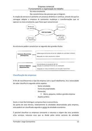 Empresa comercial
Funcionamento e organização do trabalho
Formador: Jorge Constantino 12
 Do meio envolvente
 Das características das pessoas que a integram.
A criação da estrutura é portanto um processo dinâmico e contínuo, através do qual se
consegue adaptar a empresa às constantes mudanças e transformações que se
operam no meio envolvente, quer físico quer concorrencial.
As estruturas podem caracterizar-se segundo dois grandes títulos:
Classificação de empresas
A fim de reconhecermos o tipo de empresa com a qual trabalhamos, há a necessidade
de saber classificá-la segundo vários aspetos:
 Sector atividade;
 Forma de propriedade;
 Dimensão;
 Micro, pequena, média e grande empresa
 Aspeto jurídico.
Assim, é mais fácil distinguir a empresa face à concorrência.
Do ponto de vista técnico, relativamente às atividades desenvolvidas pela empresa,
esta poderá ser classificada segundo o sector da atividade económica.
É possível classificar as empresas consoante a natureza e origem dos seus produtos
e/ou serviços, natureza essa que as divide pelos vários sectores de atividade
 