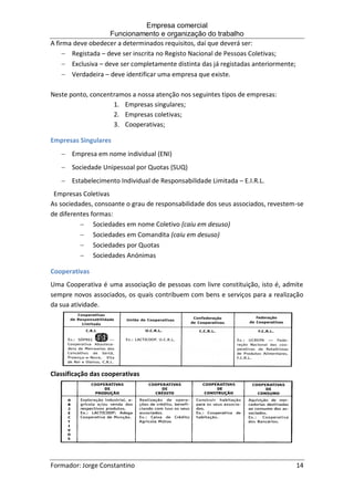 Empresa comercial
Funcionamento e organização do trabalho
Formador: Jorge Constantino 14
A firma deve obedecer a determinados requisitos, daí que deverá ser:
 Registada – deve ser inscrita no Registo Nacional de Pessoas Coletivas;
 Exclusiva – deve ser completamente distinta das já registadas anteriormente;
 Verdadeira – deve identificar uma empresa que existe.
Neste ponto, concentramos a nossa atenção nos seguintes tipos de empresas:
1. Empresas singulares;
2. Empresas coletivas;
3. Cooperativas;
Empresas Singulares
 Empresa em nome individual (ENI)
 Sociedade Unipessoal por Quotas (SUQ)
 Estabelecimento Individual de Responsabilidade Limitada – E.I.R.L.
Empresas Coletivas
As sociedades, consoante o grau de responsabilidade dos seus associados, revestem-se
de diferentes formas:
 Sociedades em nome Coletivo (caiu em desuso)
 Sociedades em Comandita (caiu em desuso)
 Sociedades por Quotas
 Sociedades Anónimas
Cooperativas
Uma Cooperativa é uma associação de pessoas com livre constituição, isto é, admite
sempre novos associados, os quais contribuem com bens e serviços para a realização
da sua atividade.
Classificação das cooperativas
 