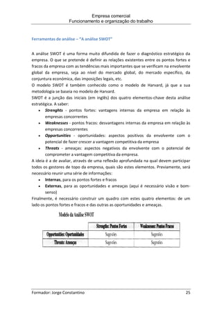 Empresa comercial
Funcionamento e organização do trabalho
Formador: Jorge Constantino 25
Ferramentas de análise – “A análise SWOT”
A análise SWOT é uma forma muito difundida de fazer o diagnóstico estratégico da
empresa. O que se pretende é definir as relações existentes entre os pontos fortes e
fracos da empresa com as tendências mais importantes que se verificam na envolvente
global da empresa, seja ao nível do mercado global, do mercado específico, da
conjuntura económica, das imposições legais, etc.
O modelo SWOT é também conhecido como o modelo de Harvard, já que a sua
metodologia se baseia no modelo de Harvard.
SWOT é a junção das iniciais (em inglês) dos quatro elementos-chave desta análise
estratégica. A saber:
 Strenghts - pontos fortes: vantagens internas da empresa em relação às
empresas concorrentes
 Weaknesses - pontos fracos: desvantagens internas da empresa em relação às
empresas concorrentes
 Opportunities - oportunidades: aspectos positivos da envolvente com o
potencial de fazer crescer a vantagem competitiva da empresa
 Threats - ameaças: aspectos negativos da envolvente com o potencial de
comprometer a vantagem competitiva da empresa.
A ideia é a de avaliar, através de uma reflexão aprofundada na qual devem participar
todos os gestores de topo da empresa, quais são estes elementos. Previamente, será
necessário reunir uma série de informações:
 Internas, para os pontos fortes e fracos
 Externas, para as oportunidades e ameaças (aqui é necessário visão e bom-
senso)
Finalmente, é necessário construir um quadro com estes quatro elementos: de um
lado os pontos fortes e fracos e das outras as oportunidades e ameaças.
 
