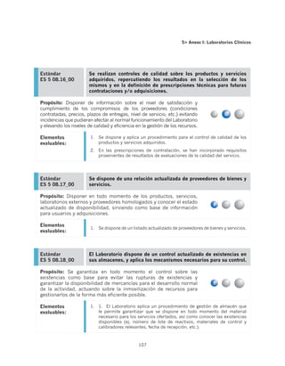5 Anexo I: Laboratorios Clínicos




Estándar               Se realizan controles de calidad sobre los productos y servicios
ES 5 08.16_00          adquiridos, repercutiendo los resultados en la selección de los
                       mismos y en la definición de prescripciones técnicas para futuras
                       contrataciones y/o adquisiciones.

Propósito: Disponer de información sobre el nivel de satisfacción y
cumplimiento de los compromisos de los proveedores (condiciones
contratadas, precios, plazos de entregas, nivel de servicio, etc.) evitando
incidencias que pudieran afectar al normal funcionamiento del Laboratorio
y elevando los niveles de calidad y eficiencia en la gestión de los recursos.

Elementos               1.	 Se dispone y aplica un procedimiento para el control de calidad de los
evaluables:                 productos y servicios adquiridos.
                        2.	 En las prescripciones de contratación, se han incorporado requisitos
                            provenientes de resultados de evaluaciones de la calidad del servicio.




Estándar               Se dispone de una relación actualizada de proveedores de bienes y
ES 5 08.17_00          servicios.

Propósito: Disponer en todo momento de los productos, servicios,
laboratorios externos y proveedores homologados y conocer el estado
actualizado de disponibilidad, sirviendo como base de información
para usuarios y adquisiciones.

Elementos
                        1.	 Se dispone de un listado actualizado de proveedores de bienes y servicios.
evaluables:



Estándar               El Laboratorio dispone de un control actualizado de existencias en
ES 5 08.18_00          sus almacenes, y aplica los mecanismos necesarios para su control.

Propósito: Se garantiza en todo momento el control sobre las
existencias como base para evitar las rupturas de existencias y
garantizar la disponibilidad de mercancías para el desarrollo normal
de la actividad, actuando sobre la inmovilización de recursos para
gestionarlos de la forma más eficiente posible.

Elementos               1.	 1.	 El Laboratorio aplica un procedimiento de gestión de almacén que
evaluables:                 le permite garantizar que se dispone en todo momento del material
                            necesario para los servicios ofertados, así como conocer las existencias
                            disponibles (ej. número de lote de reactivos, materiales de control y
                            calibradores relevantes, fecha de recepción, etc.).



                                                107
 