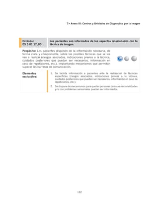 7 Anexo III: Centros y Unidades de Diagnóstico por la Imagen




Estándar             Los pacientes son informados de los aspectos relacionados con la
ES 5 01.17_00        técnica de imagen.

Propósito: Los pacientes disponen de la información necesaria, de
forma clara y comprensible, sobre las posibles técnicas que se les
van a realizar (riesgos asociados, indicaciones previas a la técnica,
cuidados posteriores que puedan ser necesarios, información en
caso de repeticiones, etc.), implantando mecanismos que permitan
superar las barreras de comunicación.

Elementos             1.	 Se facilita información a pacientes ante la realización de técnicas
evaluables:               específicas (riesgos asociados, indicaciones previas a la técnica,
                          cuidados posteriores que puedan ser necesarios, información en caso de
                          repeticiones, etc.).
                      2.	 Se dispone de mecanismos para que las personas de otras nacionalidades
                          y/o con problemas sensoriales puedan ser informados.




                                            132
 