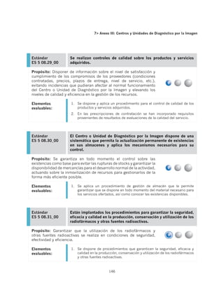 7 Anexo III: Centros y Unidades de Diagnóstico por la Imagen




Estándar              Se realizan controles de calidad sobre los productos y servicios
ES 5 08.29_00         adquiridos.

Propósito: Disponer de información sobre el nivel de satisfacción y
cumplimiento de los compromisos de los proveedores (condiciones
contratadas, precios, plazos de entrega, nivel de servicio, etc.),
evitando incidencias que pudieran afectar al normal funcionamiento
del Centro o Unidad de Diagnóstico por la Imagen y elevando los
niveles de calidad y eficiencia en la gestión de los recursos.

Elementos             1.	 Se dispone y aplica un procedimiento para el control de calidad de los
evaluables:               productos y servicios adquiridos.
                      2.	 En las prescripciones de contratación se han incorporado requisitos
                          provenientes de resultados de evaluaciones de la calidad del servicio.




Estándar              El Centro o Unidad de Diagnóstico por la Imagen dispone de una
ES 5 08.30_00         sistemática que permita la actualización permanente de existencias
                      en sus almacenes y aplica los mecanismos necesarios para su
                      control.

Propósito: Se garantiza en todo momento el control sobre las
existencias como base para evitar las rupturas de stocks y garantizar la
disponibilidad de mercancías para el desarrollo normal de la actividad,
actuando sobre la inmovilización de recursos para gestionarlos de la
forma más eficiente posible.

Elementos             1.	 Se aplica un procedimiento de gestión de almacén que le permite
evaluables:               garantizar que se dispone en todo momento del material necesario para
                          los servicios ofertados, así como conocer las existencias disponibles.




Estándar              Están implantados los procedimientos para garantizar la seguridad,
ES 5 08.31_00         eficacia y calidad en la producción, conservación y utilización de los
                      radiofármacos y otras fuentes radioactivas.

Propósito: Garantizar que la utilización de los radiofármacos y
otras fuentes radioactivas se realiza en condiciones de seguridad,
efectividad y eficiencia.

Elementos             1.	 Se dispone de procedimientos que garanticen la seguridad, eficacia y
evaluables:               calidad en la producción, conservación y utilización de los radiofármacos
                          y otras fuentes radioactivas.



                                             146
 