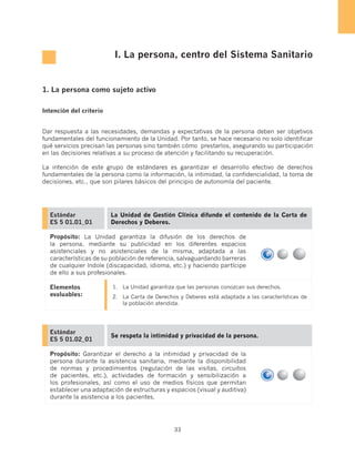 I. La persona, centro del Sistema Sanitario


1. La persona como sujeto activo

Intención del criterio


Dar respuesta a las necesidades, demandas y expectativas de la persona deben ser objetivos
fundamentales del funcionamiento de la Unidad. Por tanto, se hace necesario no solo identificar
qué servicios precisan las personas sino también cómo prestarlos, asegurando su participación
en las decisiones relativas a su proceso de atención y facilitando su recuperación.

La intención de este grupo de estándares es garantizar el desarrollo efectivo de derechos
fundamentales de la persona como la información, la intimidad, la confidencialidad, la toma de
decisiones, etc., que son pilares básicos del principio de autonomía del paciente.




  Estándar               La Unidad de Gestión Clínica difunde el contenido de la Carta de
  ES 5 01.01_01          Derechos y Deberes.

  Propósito: La Unidad garantiza la difusión de los derechos de
  la persona, mediante su publicidad en los diferentes espacios
  asistenciales y no asistenciales de la misma, adaptada a las
  características de su población de referencia, salvaguardando barreras
  de cualquier índole (discapacidad, idioma, etc.) y haciendo partícipe
  de ello a sus profesionales.

  Elementos              1.	 La Unidad garantiza que las personas conozcan sus derechos.
  evaluables:            2.	 La Carta de Derechos y Deberes está adaptada a las características de
                             la población atendida.




  Estándar
                         Se respeta la intimidad y privacidad de la persona.
  ES 5 01.02_01

  Propósito: Garantizar el derecho a la intimidad y privacidad de la
  persona durante la asistencia sanitaria, mediante la disponibilidad
  de normas y procedimientos (regulación de las visitas, circuitos
  de pacientes, etc.), actividades de formación y sensibilización a
  los profesionales, así como el uso de medios físicos que permitan
  establecer una adaptación de estructuras y espacios (visual y auditiva)
  durante la asistencia a los pacientes.




                                                33
 