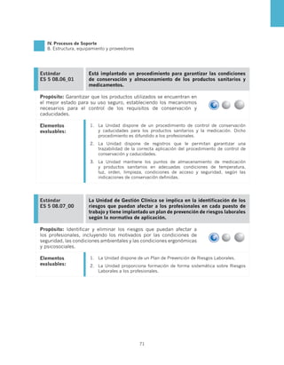 IV. Procesos de Soporte
   8. Estructura, equipamiento y proveedores




Estándar              Está implantado un procedimiento para garantizar las condiciones
ES 5 08.06_01         de conservación y almacenamiento de los productos sanitarios y
                      medicamentos.

Propósito: Garantizar que los productos utilizados se encuentran en
el mejor estado para su uso seguro, estableciendo los mecanismos
necesarios para el control de los requisitos de conservación y
caducidades.

Elementos              1.	 La Unidad dispone de un procedimiento de control de conservación
evaluables:                y caducidades para los productos sanitarios y la medicación. Dicho
                           procedimiento es difundido a los profesionales.
                       2.	 La Unidad dispone de registros que le permitan garantizar una
                           trazabilidad de la correcta aplicación del procedimiento de control de
                           conservación y caducidades.
                       3.	 La Unidad mantiene los puntos de almacenamiento de medicación
                           y productos sanitarios en adecuadas condiciones de temperatura,
                           luz, orden, limpieza, condiciones de acceso y seguridad, según las
                           indicaciones de conservación definidas.




Estándar              La Unidad de Gestión Clínica se implica en la identificación de los
ES 5 08.07_00         riesgos que puedan afectar a los profesionales en cada puesto de
                      trabajo y tiene implantado un plan de prevención de riesgos laborales
                      según la normativa de aplicación.

Propósito: Identificar y eliminar los riesgos que puedan afectar a
los profesionales, incluyendo los motivados por las condiciones de
seguridad, las condiciones ambientales y las condiciones ergonómicas
y psicosociales.

Elementos              1.	 La Unidad dispone de un Plan de Prevención de Riesgos Laborales.
evaluables:            2.	 La Unidad proporciona formación de forma sistemática sobre Riesgos
                           Laborales a los profesionales.




                                               71
 