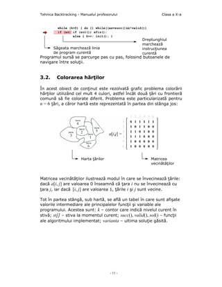 Tehnica Backtracking - Manualul profesorului                   Clasa a X-a




                                                    Dreptunghiul
                                                    marchează
       Săgeata marchează linia                      instrucţiunea
       de program curentă                           curentă
Programul sursă se parcurge pas cu pas, folosind butoanele de
navigare între soluţii.


3.2.     Colorarea hărţilor

În acest obiect de conţinut este rezolvată grafic problema colorării
hărţilor utilizând cel mult 4 culori, astfel încât două ţări cu frontieră
comună să fie colorate diferit. Problema este particularizată pentru
n = 6 ţări, a căror hartă este reprezentată în partea din stânga jos:




                       Harta ţărilor                     Matricea
                                                         vecinătăţilor



Matricea vecinătăţilor ilustrează modul în care se învecinează ţările:
dacă a[i, j] are valoarea 0 înseamnă că ţara i nu se învecinează cu
ţara j, iar dacă [i, j] are valoarea 1, ţările i şi j sunt vecine.

Tot în partea stângă, sub hartă, se află un tabel în care sunt afişate
valorile intermediare ale principalelor funcţii şi variable ale
programului. Acestea sunt: k – contor care indică nivelul curent în
stivă; st[] – stiva la momentul curent; succ(), valid(), sol() – funcţii
ale algoritmului implementat; varianta – ultima soluţie găsită.




                                       - 11 -
 