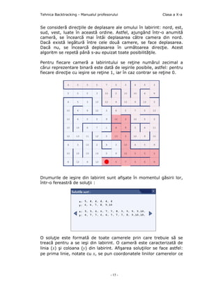 Tehnica Backtracking - Manualul profesorului                   Clasa a X-a


Se consideră direcţiile de deplasare ale omului în labirint: nord, est,
sud, vest, luate în această ordine. Astfel, ajungând într-o anumită
cameră, se încearcă mai întâi deplasarea către camera din nord.
Dacă există legătură între cele două camere, se face deplasarea.
Dacă nu, se încearcă deplasarea în următoarea direcţie. Acest
algoritm se repetă până s-au epuizat toate posibilităţile.

Pentru fiecare cameră a labirintului se reţine numărul zecimal a
cărui reprezentare binară este dată de ieşirile posibile, astfel: pentru
fiecare direcţie cu ieşire se reţine 1, iar în caz contrar se reţine 0.




Drumurile de ieşire din labirint sunt afişate în momentul găsirii lor,
într-o fereastră de soluţii :




O soluţie este formată de toate camerele prin care trebuie să se
treacă pentru a se ieşi din labirint. O cameră este caracterizată de
linia (x) şi coloana (y) din labirint. Afişarea soluţiilor se face astfel:
pe prima linie, notate cu x, se pun coordonatele liniilor camerelor ce




                                       - 15 -
 