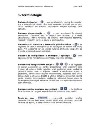 Tehnica Backtracking - Manualul profesorului                 Clasa a X-a




1. Terminologie

Butoane instructaj –         – sunt amplasate în partea din dreapta-
sus a ecranului şi, atunci când sunt accesate, prezintă pas cu pas,
într-o fereastră de detaliu, instrucţiuni despre folosirea unei
aplicaţii.

Butoane demonstraţie –                – sunt amplasate în dreptul
enunţurilor “Teoremă” sau în dreptul unui rezultat, şi îi oferă
utilizatorului, într-o fereastră de detaliu, demonstraţia teoremei,
respectiv modul în care s-a ajuns la acel rezultat.

Butoane start animaţie / trecere la pasul următor –             – se
regăsesc în cadrul animaţiilor şi al aplicaţiilor ce conţin mai mulţi
paşi. Prin apăsarea lor se începe rularea animaţiei, respectiv se
trece la următorul pas al aplicaţiei.

Butoane de reiniţializare a animaţiei / aplicaţiei -             - Prin
apăsarea lor se reiniţializează animaţia, respectiv aplicaţia.


Butoane de navigare între soluţii -                    - se regăsesc
în cadrul aplicaţiilor ce conţin prezentarea unor algoritmi care
trebuie să afişeze toate soluţiile unei probleme date. Apăsarea
primului buton duce la afişarea directă a următoarei soluţii a
problemei, sărind peste etapele intermediare. Apăsarea celui de-al
doilea duce la afişarea directă a ultimei soluţii a problemei, sărind
peste etapele intermediare. Apăsarea ultimului buton duce la
întreruperea animaţiei, reluarea facându-se prin apăsarea butonului
start animaţie.


Butoane pentru navigare secvenţială –                  – fac legătura
între ferestre de conţinut asemănător din interiorul unui modul.


Texte de reper –                   – reprezintă simboluri grafice
prezente intr-un text care, atunci când sunt accesate, prezintă
ferestre de ajutor, in care se detaliază o anumită noţiune.




                                        -3-
 