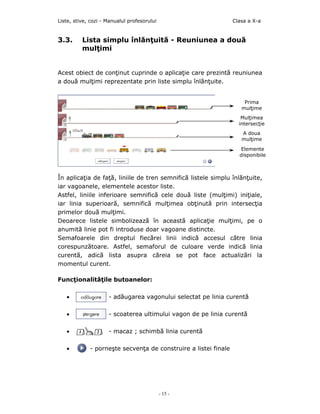 Liste, stive, cozi - Manualul profesorului                       Clasa a X-a


3.3.      Lista simplu înlănţuită - Reuniunea a două
          mulţimi


Acest obiect de conţinut cuprinde o aplicaţie care prezintă reuniunea
a două mulţimi reprezentate prin liste simplu înlănţuite.


                                                                     Prima
                                                                    mulţime
                                                                    Mulţimea
                                                                   intersecţie
                                                                    A doua
                                                                    mulţime

                                                                    Elemente
                                                                   disponibile



În aplicaţia de faţă, liniile de tren semnifică listele simplu înlănţuite,
iar vagoanele, elementele acestor liste.
Astfel, liniile inferioare semnifică cele două liste (mulţimi) iniţiale,
iar linia superioară, semnifică mulţimea obţinută prin intersecţia
primelor două mulţimi.
Deoarece listele simbolizează în această aplicaţie mulţimi, pe o
anumită linie pot fi introduse doar vagoane distincte.
Semafoarele din dreptul fiecărei linii indică accesul către linia
corespunzătoare. Astfel, semaforul de culoare verde indicã linia
curentã, adicã lista asupra cãreia se pot face actualizãri la
momentul curent.

Funcţionalităţile butoanelor:

   •                 - adăugarea vagonului selectat pe linia curentă

   •                 - scoaterea ultimului vagon de pe linia curentă

   •                 - macaz ; schimbã linia curentã

   •         - porneşte secvenţa de construire a listei finale




                                             - 15 -
 