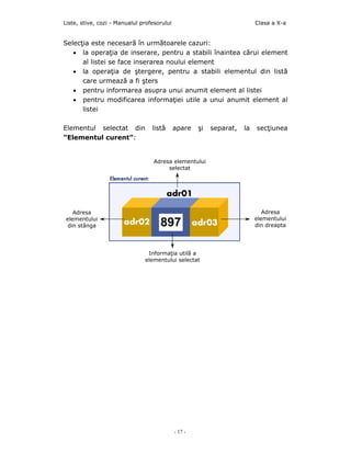 Liste, stive, cozi - Manualul profesorului                                 Clasa a X-a


Selecţia este necesară în următoarele cazuri:
   • la operaţia de inserare, pentru a stabili înaintea cărui element
      al listei se face inserarea noului element
   • la operaţia de ştergere, pentru a stabili elementul din listă
      care urmează a fi şters
   • pentru informarea asupra unui anumit element al listei
   • pentru modificarea informaţiei utile a unui anumit element al
      listei

Elementul selectat din            listă      apare    şi   separat,   la   secţiunea
“Elementul curent”:


                                   Adresa elementului
                                        selectat




    Adresa                                                                    Adresa
 elementului                                                               elementului
  din stânga                                                               din dreapta




                                Informaţia utilă a
                               elementului selectat




                                             - 17 -
 