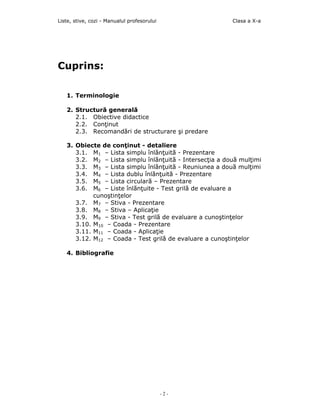 Liste, stive, cozi - Manualul profesorului                Clasa a X-a




Cuprins:

   1. Terminologie

   2. Structură generală
      2.1. Obiective didactice
      2.2. Conţinut
      2.3. Recomandări de structurare şi predare

   3. Obiecte de conţinut - detaliere
      3.1. M1 – Lista simplu înlănţuitã - Prezentare
      3.2. M2 – Lista simplu înlănţuită - Intersecţia a două mulţimi
      3.3. M3 – Lista simplu înlănţuită - Reuniunea a două mulţimi
      3.4. M4 – Lista dublu înlănţuită - Prezentare
      3.5. M5 – Lista circulară – Prezentare
      3.6. M6 – Liste înlănţuite - Test grilă de evaluare a
            cunoştinţelor
      3.7. M7 – Stiva - Prezentare
      3.8. M8 – Stiva – Aplicaţie
      3.9. M9 – Stiva - Test grilă de evaluare a cunoştinţelor
      3.10. M10 – Coada - Prezentare
      3.11. M11 – Coada - Aplicaţie
      3.12. M12 – Coada - Test grilă de evaluare a cunoştinţelor

   4. Bibliografie




                                             -2-
 