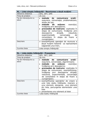 Liste, stive, cozi - Manualul profesorului                Clasa a X-a


M3 – Lista simplu înlănţuită - Reuniunea a două mulţimi
Obiective didactice    OP2, OP7, OP9
Timp de predare        25 min
Tip de interacţiune cu • metode       de   comunicare       orală :
elevii                    expunere, conversaţie, problematizare,
                          studiu de caz;
                       • metode       de    acţiune:     exerciţiul,
                          învăţarea prin descoperire;
                       • proceedee de instruire: explicatia în
                          etapa de comunicare; învăţarea prin
                          descoperire      dirijată,     inductivă,
                          experimentală;        conversaţia      de
                          consolidare în etapa de fixare a
                          cunoştinţelor;
Descriere               • exemplificarea operaţiei de reuniune a
                          două mulţimi folosind ca reprezentare
                          vagoanele unui tren;
Cuvinte cheie                   Lista simplu înlãnţuitã

M4 – Lista dublu înlănţuită - Prezentare
Obiective didactice    OP1, OP7, OP9
Timp de predare        20 min
Tip de interacţiune cu • metode        de    comunicare      orală :
elevii                      expunere, conversaţie, algoritmizare;
                       • metode         de    acţiune:    exerciţiul,
                            învăţarea prin descoperire;
                       • proceedee de instruire: explicaţia în
                            etapa de comunicare; exemplificarea;
                            învăţarea prin descoperire dirijată,
                            inductivă, experimentală, conversaţia
                            de consolidare în etapa de fixare a
                            cunoştinţelor;
Descriere               • exemplificarea operaţiilor de creare a
                           unei liste dublu înlănţuite, inserare a
                           unui element, stergerea unui element
                           din lista, parcurgerea elementelor unei
                           liste
                        • prezentarea unui element al listei
Cuvinte cheie           Lista dublu înlănţuită




                                             -6-
 