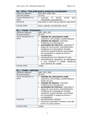 Liste, stive, cozi - Manualul profesorului                          Clasa a X-a


M9 – Stiva - Test grilă pentru evaluarea cunoştinţelor
Obiective didactice      OP3,OP4, OP8, OP9
Timp de predare          10 min
Tip de interacţiune cu   • evaluare       în   formă     scrisă    prin
elevii                      intermediul calculatorului
Descriere                test grilă cu itemi de tip asociere (pereche)

Cuvinte cheie                   stiva, operaţii caracteristice stivei

M10 – Coada - Prezentare
Obiective didactice    OP9, OP5, OP7
Timp de predare        20 min
Tip de interacţiune cu • metode de comunicare orală :
elevii                    expunere, conversaţie, problematizare;
                       • metode de acţiune: exerciţiul,
                          învăţarea prin descoperire;
                       • proceedee de instruire: explicaţia în
                          etapa de comunicare; exemplificarea;
                          învăţarea prin descoperire dirijată,
                          inductivă, experimentală, conversaţia
                          de consolidare în etapa de fixare a
                          cunoştinţelor;
Descriere              • reprezentarea unui element al cozii;
                       • exemplificarea operaţiilor de adăugarea
                          a unui element în coadă, stergerea
                          unui element din coadă;
Cuvinte cheie          coada

M11 – Coada - Aplicaţie
Obiective didactice             OP6, OP7, OP9
Timp de predare                 20 min
Tip de interacţiune cu          • metode de comunicare orală :
elevii                             expunere, conversaţie, problematizare,
                                   studiu de caz;
                                • metode de acţiune: exerciţiul,
                                   învăţarea prin descoperire;
                                • proceedee de instruire: explicaţia în
                                   etapa de comunicare; exemplificarea;
                                   învăţarea prin descoperire dirijată,
                                   inductivă, experimentală, conversaţia
                                   de consolidare în etapa de fixare a
                                   cunoştinţelor;
Descriere                       • exemplificarea utilizării;
                                • simularea traversării frontierei unei ţări
                                  printr-un punct vamal;
Cuvinte cheie                   coada


                                             -9-
 