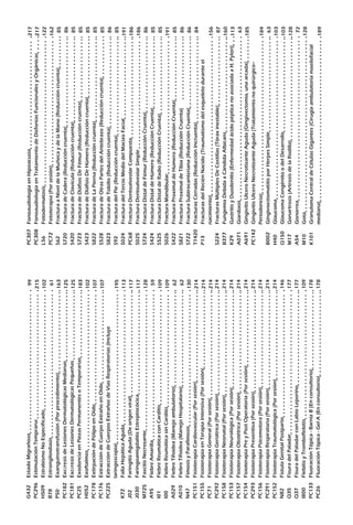 G432	EstadoMigrañoso							
PC296	EstimulaciónTemprana							
H509	EstrabismoNoEspecificado						
B78	Estrongiloidiasis								
P50	Exanguinotransfusión(Porprocedimiento)				
PC182	ExcéresisdeLesionesDermatológicasMedianas				
PC181	ExcéresisdeLesionesDermatológicasPequeñas				
PC25	ExodonciaenPiezasPermanentesoTemporarias				
H052	Exoftalmos								
PC178	ExtirpacióndePólipoenOído						
PC176	ExtraccióndeCuerpoExtrañoenOído					
PC225	ExtraccióndeCuerposExtrañosdeVíasRespiratorias(Incluye
laringoscopia)								
K72	FallaHepáticaAguda							
J02	FaringitisAguda(Deorigenviral)						
J030	FaringoamigdalitisEstreptocócica						
M725	FascitisNecrosante							
A95	FiebreAmarilla								
I01	FiebreReumáticaconCarditis						
I00	FiebreReumáticasinCarditis						
A029	FiebreTifoidea(Manejoambulatorio)					
A010	FiebreTifoidea(ManejoHospitalario)					
N47	FimosisyParafimosis							
PC151	FisioterapiaCardiovascular(Porsesión)					
PC155	FisioterapiaenTerapiaIntensiva(Porsesión)				
PC71	FisioterapiaGeneral(Porsesión)						
PC292	FisioterapiaGeriátrica(Porsesión)					
PC158	FisioterapiaNeonatal(Porsesión)						
PC153	FisioterapiaNeurológica(Porsesión)					
PC157	FisioterapiaObstétrica(Porsesión)					
PC154	FisioterapiaPreyPostOperatoria(Porsesión)				
PC293	FisioterapiaPreventiva(Porsesión)					
PC156	FisioterapiaPsicomotora(Porsesión)					
PC291	FisioterapiaRespiratoria(Porsesión)					
PC152	FisioterapiaTraumatológica(Porsesión)					
N82	FistulaGenitalPostparto							
Q35	FisuradelPaladar							
Q37	FisuradelPaladarconLabioLeporino					
I800	FlebitisyTromboflebitis							
PC133	FluoraciónTópica-BarnizB(Enconsultorio)				
PC26	FluoraciónTópica-GelA(Enconsultorio)					
99
215
102
61
163
125
125
183
102
107
107
195
113
117
117
128
59
109
109
62
62
130
214
214
214
214
214
214
214
214
214
214
214
214
146
177
177
109
178
178
PC307	FonoaudiologíaenHipoacusia						
PC308	FonoaudiologíaenTratamientodeDisfoniasFuncionalesyOrgánicas	
L56	Fotodermatosis								
PC72	Fototerapia(Porsesión)							
S62	FracturaaNiveldelaMuñecaydelaMano(Reduccióncruenta)		
S720	FracturadeCadera(Reduccióncruenta)					
S420	FracturadeClavícula(Reduccióncruenta)					
S723	FracturadeDiáfisisDeFémur(Reduccióncruenta)				
S423	FracturadeDiáfisisDeHúmero(Reduccióncruenta)			
S822	FracturadeLaPierna(Reduccióncruenta)					
S528	FracturadeOtrasPartesdelAntebrazo(Reduccióncruenta)		
S823	FracturadeTobillo(Reduccióncruenta)					
S92	FracturadelPie(Reduccióncruenta)					
S024	FracturadelTercioMediodelMacizoFacial				
PC68	FracturaDentoalveolarCompuesta					
S025	FracturaDentoalveolarSimple						
S724	FracturaDistaldeFémur(ReducciónCruenta)				
S424	FracturaDistaldeHúmero(ReducciónCruenta)				
S525	FracturaDistaldeRadio(ReducciónCruenta)				
S026	FracturaMandibular							
S422	FracturaProximaldeHúmero(ReducciónCruenta)				
S821	FracturaProximaldeTibia(ReducciónCruenta)				
S722	FracturaSubtrocanteriana(ReducciónCruenta)				
T1420	FracturasCerradas(ReducciónIncruenta)					
P13	FracturasdelReciénNacido(Traumatismodelesqueletoduranteel
nacimiento)								
S224	FracturasMúltiplesDeCostillas(Tóraxinestable)				
B377	FungemiaDebidaaCándidaAlbicans					
K29	GastritisyDuodenitis(EnfermedadácidopépticanoasociadaaH.Pylori)	
A071	Giardiasis								
A691	GingivitisUlceroNecrotizanteAguda(Gingivectomía,unaarcada)		
PC142	GingivitisUlceroNecrotizanteAguda(Tratamientonoquirúrgico–
Periodoncia)								
B002	GingivoestomatitisporHerpesSimple					
H40	Glaucoma								
Q150	GlaucomaCongénitoodelDesarrollo					
M17	Gonartrosis(ArtrosisdelaRodilla)					
A54	Gonorrea								
M10	Gota									
K101	GranulomaCentraldeCélulasGigantes(Cirugíaambulatoriamaxilofacial
mediana)								
217
217
122
162
85
86
85
85
85
85
85
86
85
191
186
186
86
85
85
191
85
86
86
84
156
87
160
113
63
185
184
63
103
103
128
72
128
189
 