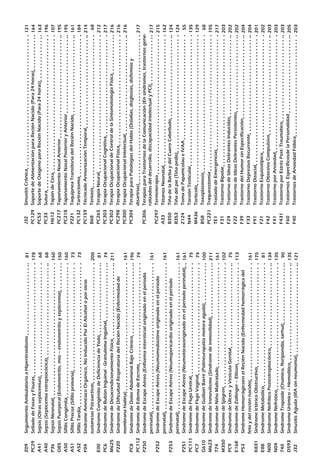 Z09	SeguimientoAmbulatorioaHipertiroidismo				
PC29	SelladodeFosasyFisuras						
A41	Sepsis(Otrassepticemias)						
A40	Sepsis(Septicemiaestreptocócica)						
P36	SepsisNeonatal								
O85	SepsisPuerperal(Endometritis,mio–endometritisysepticemia)		
A50	SífilisCongénita								
A51	SífilisPrecoz(Sífilisprimaria)						
A52	SífilisTardía								
F04	SíndromeAmnésicoOrgánico,NoInducidoPorElAlcoholoporotras
sustanciasPsicoactivas							
E00	SíndromeCongénitodeDeficienciadeYodo				
PC6	SíndromedeBubónInguinal-GranulomaInguinal				
M625	SíndromedeDesacondicionamientoFísico					
P220	SíndromedeDificultadRespiratoriadelReciénNacido(Enfermedadde
membranahialina)							
PC8	SíndromedeDolorAbdominalBajoCrónico				
PC112	SíndromedeEdemadeEscroto						
P250	SíndromedeEscapeAéreo(Enfisemaintersticialoriginadoenelperiodo
perinatal)								
P252	SíndromedeEscapeAéreo(Neumomedíastinooriginadoenelperiodo
perinatal)								
P253	SíndromedeEscapeAéreo(Neumopericardiooriginadoenelperiodo
perinatal)								
P251	SíndromedeEscapeAéreo(Neumotóraxoriginadoenelperiodoperinatal)	
PC111	SíndromedeFlujoUretral						
PC7	SíndromedeFlujoVaginal						
G610	SíndromedeGuillainBarré(Polineuropatiamotoraaguda)			
M623	SíndromedeInmovilismo(Síndromedeinmovilidad)			
T74	SindromedeNiñoMaltratado						
M350	SíndromedeSjögren							
PC9	SíndromedeÚlcerayVesículaGenital					
E168	SíndromedeZollinger–Ellison						
P53	SindromeHemorrágicoenelReciénNacido(Enfermedadhemorrágicadel
fetoydelreciénnacido)							
K831	SindromeIctéricoObstructivo						
E88	SíndromeMetabólico							
N00	SindromeNefríticoPostestreptocócico					
N04	SindromeNefrótico							
T40	SindromeTropoide(Chamico,floripondio,tarhui)				
D593	SindromeUrémico–Hemolítico						
J32	SinusitisAguda(IRAsinneumonía)					
81
178
68
68
160
150
160
73
73
200
81
74
211
161
196
74
161
161
161
161
75
74
100
211
161
102
75
113
161
175
81
134
135
90
135
121
J32	SinusitisCrónica								
PC129	SoportedeAlimentaciónparaReciénNacido(Para24horas)		
PC53	SoportedeOxígenoparaReciénNacido(Para24horas)			
PC33	Sutura									
H612	TapóndeCera								
PC217	TaponamientoNasalAnterior						
PC218	TaponamientoNasalPosterioryAnterior					
P221	TaquipneaTransitoriadelReciénNacido					
PC132	Tartrectomia								
PC159	TécnicadeArmonizaciónTemporal					
B68	Teniasis									
PC265	TerapiaNeural								
PC303	TerapiaOcupacionalCognitiva						
PC302	TerapiaOcupacionaldeControldelaSintomatologíaFísica			
PC298	TerapiaOcupacionalFísica						
PC300	TerapiaOcupacionalIntelectual						
PC304	TerapiaparaPatologíasdelHabla(Dislalias,disglosias,disfemiasy
disartrias)								
PC306	TerapiasparaTrastornosdelaComunicación(Ensíndromes,trastornosgene-
ralizadosdeldesarrollo,discapacidadintelectualyPCI)			
PC297	Termoterapia								
A33	TétanosNeonatal							
B350	TiñadelaBarbaydelCueroCabelludo					
B353	Tiñadelpie(Tiñapedis)							
Z124	TomadePapanicolaueIVAA						
N44	TorsiónTesticular							
M436	Torticolis								
B58	Toxoplasmosis								
PC221	Traqueostomía								
TE1	TrasladodeEmergencias							
F31	TrastornoBipolar							
F24	TrastornodeIdeasDelirantesInducidas					
F22	TrastornodeIdeasDelirantesPersistentes					
F39	TrastornodelHumorsinEspecificación					
F33	TrastornoDepresivoRecurrente						
F91	TrastornoDisocial							
F21	TrastornoEsquizotípico							
F42	TrastornoObsesivoCompulsivo						
F41	TrastornoporAnsiedad							
F431	TrastornoporEstrésPost-Traumático					
F60	TrastornosEspecíficosdelaPersonalidad					
F40	TrastornosdeAnsiedadFóbica						
121
164
163
196
107
195
195
161
184
214
68
212
217
216
216
216
217
217
215
162
124
124
55
135
129
68
195
217
203
202
202
204
204
201
202
203
203
203
205
203
 