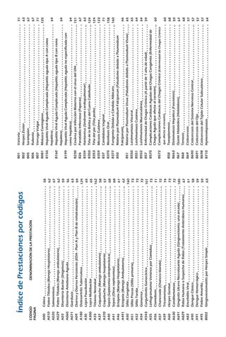 ÍndicedePrestacionesporcódigos
CÓDIGO		DENOMINACIÓNDELAPRESTACIÓN			
PÁGINA
A00	Cólera									
A010	FiebreTifoidea(ManejoHospitalario)					
A020	Salmonelosis								
A029	FiebreTifoidea(Manejoambulatorio)					
A03	DisenteríaBacilar(Shigelosis)						
A060	DisenteríaAmebianaAguda						
A071	Giardiasis								
A09	DiarreayDiarreaPersistente(EDA-PlanAyPlanBderehidratación)	
A180	OsteoartritisTuberculosa						
A30	LepraPaucibacilar							
A300	LepraMultibacilar							
A33	TétanosNeonatal							
A37	Coqueluche(Manejoambulatorio)					
A370	Coqueluche(Manejohospitalario)					
A40	Sepsis(Septicemiaestreptocócica)					
A41	Sepsis(Otrassepticemias)						
A46	Erisipela(ManejoHospitalario)						
A491	Erisipela(ManejoAmbulatorio)						
A50	SífilisCongénita								
A51	SífilisPrecoz(Sífilisprimaria)						
A52	SífilisTardía								
A54	Gonorrea								
A543	ConjuntivitisGonocócica						
A55	LinfogranulomaVenéreoporClamidias					
A56	Clamidiasis								
A57	Chancroide(Chancroblando)						
A59	Tricomoniasis								
A60	HerpesGenital								
A630	Condilomatosis								
A691	GingivitisUlceroNecrotizanteAguda(Gingivectomía,unaarcada)		
A829	RabiaHumanaoSospechadeRabia(TratamientoAntirrábicoHumano)	
A83	EncefalitisViral								
A90	DengueClásico								
A91	DengueHemorrágico							
A95	FiebreAmarilla								
B002	GingivoestomatitisporHerpesSimple					
58
62
67
62
59
56
63
59
129
65
65
162
58
57
68
68
61
62
160
73
73
72
101
73
71
72
74
73
72
185
67
61
58
59
59
63
B01	Varicela								
B02	HerpesZoster								
B05	Sarampión								
B06	Rubeola								
B07	VerrugaVulgar								
B081	MoluscoContagioso							
B150	HepatitisViralAgudaComplicada(HepatitisagudatipoAconcoma
hepático)								
B160	HepatitisViralAgudaComplicada(HepatitisagudatipoBconcoma
hepático)								
B199	HepatitisViralAgudaComplicada(Hepatitisagudanoespecificadacon
comahepático)								
B230	CesáreaporInfecciónMaternaconelvirusdelVIH			
B26	ParotiditisInfecciosa(Paperas)						
B334	Hantavirus(Síndromecardiopulmonar)					
B350	TiñadelaBarbaydelCueroCabelludo					
B353	Tiñadelpie(Tiñapedis)							
B359	MicosisCutánea								
B37	CandidiasisVaginal							
B370	MoniliasisOral								
B377	FungemiaDebidaaCándidaAlbicans					
B50	MalariaporPlasmodiumFalciparum(PaludismodebidoaPlasmodium
Falciparum)								
B51	MalariaporPlasmodiumVivax(PaludismodebidoaPlasmodiumVivax)	
B550	LeishmaniasisVisceral							
B551	LeishmaniasisCutánea							
B552	LeishmaniasisMucocutánea						
B57	EnfermedaddeChagasCrónico(Apartirde1añodeedad)		
B570	ComplicacionesCardiacasAgudasdelChagasCongénito(Enfermedadde		
	ChagasAgudaqueafectaalcorazón)					
B572	ComplicacionesCardiacasdelChagasCrónico(EnfermedaddeChagasCrónica
queafectaalcorazón)							
B58	Toxoplasmosis								
B663	DistomatosisHepática(Fasciolasis)					
B67	QuisteHidatídico(Hidatidosis)						
B68	Teniasis								
B69	Cisticercosis								
B690	CisticercosisdelSistemaNerviosoCentral					
B691	CisticercosisdelOjo							
B698	CisticercosisdelTejidoCelularSubcutáneo				
B710	Hymenolepsiasis							
71
63
67
67
71
125
64
64
64
151
67
63
124
124
123
71
158
160
66
65
65
64
64
59
60
60
68
59
67
68
57
57
57
57
64
 