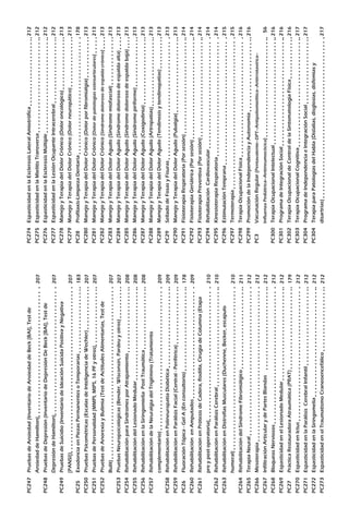 PC247	PruebasdeAnsiedad(InventariodeAnsiedaddeBeck[BAI],Testde
AnsiedaddeHamilton)							
PC248	PruebasdeDepresión(InventariodeDepresiónDeBeck[BAI],Testde
DepresióndeHamilton)							
PC249	PruebasdeSuicidio(InventariodeIdeaciónSuicidaPositivayNegativa
[PANSI])									
PC25	ExodonciaenPiezasPermanentesoTemporarias				
PC250	PruebasPsicométricas(EscalasdeInteligenciadeWechler)			
PC251	PruebasdePersonalidad(MMPI,MIPS,16PFyotros)			
PC252	PruebasdeAnorexiayBulimia(TestdeActitudesAlimentarias,Testde
Bulit)									
PC253	PruebasNeuropsicológicas(Bender,Wisconsin,Pardeuyotros)		
PC254	RehabilitaciónparaSíndromesporAtrapamiento				
PC255	RehabilitacióndelLesionadoMedular					
PC256	RehabilitaciónenlaSiringomieliaPostTraumática			
PC257	RehabilitacióndelaNeuralgiadelTrigémino(Tratamiento
complementario)							
PC258	RehabilitaciónenPolineuropatíaDiabética				
PC259	RehabilitaciónenParálisisFacial(Central-Periférica)			
PC26	FluoraciónTópica-GelA(Enconsultorio)					
PC260	RehabilitaciónenAmputados						
PC261	RehabilitaciónenPrótesisdeCadera,Rodilla,CirugíadeColumna(Etapa
preypostoperatoria)							
PC262	RehabilitaciónenParálisisCerebral					
PC263	RehabilitaciónenDistrofiasMusculares(Duchenne,Becker,escapulo
humeral)								
PC264	RehabilitacióndelSíndromeFibromiálgico				
PC265	TerapiaNeural								
PC266	Mesoterapia								
PC267	InfiltraciónArticularydePartesBlandas					
PC268	BloqueosNerviosos							
PC269	EspasticidadenelLesionadoMedular					
PC27	PrácticaRestauradoraAtraumática(PRAT)				
PC270	EspasticidadenIctus							
PC271	EspasticidadenlaParálisisCerebralInfantil				
PC272	EspasticidadenlaSiringomelia						
PC273	EspasticidadenelTraumatismoCraneoencefálico				
207
207
207
183
207
207
207
207
208
208
208
209
209
209
178
209
210
210
210
211
212
212
212
212
212
179
212
212
212
212
PC274	EspasticidadenlaEsclerosisLateralAmiotrófica				
PC275	EspasticidadenlaMielitisTransversa					
PC276	EspasticidadenlaEsclerosisMúltiple					
PC277	EspasticidadenlaLesiónOcupanteIntracerebral				
PC278	ManejoyTerapiadelDolorCrónico(Doloroncológico)			
PC279	ManejoyTerapiadelDolorCrónico(Dolorneuropático)			
PC28	Profilaxis-LimpiezaDentaria						
PC280	ManejoyTerapiadelDolorCrónico(Dolorporfibromialgia)		
PC281	ManejoyTerapiadelDolorCrónico(Dolordepatologíasosteoarticulares)	
PC282	ManejoyTerapiadelDolorCrónico(Síndromedolorosodeespaldacrónico)	
PC283	ManejoyTerapiadelDolorAgudo(Síndromemiofascial)			
PC284	ManejoyTerapiadelDolorAgudo(Síndromedolorosodeespaldaalta)	
PC285	ManejoyTerapiadelDolorAgudo(Síndromedolorosodeespaldabaja)	
PC286	ManejoyTerapiadelDolorAgudo(Síndromepiriforme)			
PC287	ManejoyTerapiadelDolorAgudo(Coxigodinia)				
PC288	ManejoyTerapiadelDolorAgudo(Artropatías)				
PC289	ManejoyTerapiadelDolorAgudo(Tendinosisytendinopatías)		
PC29	SelladodeFosasyFisuras						
PC290	ManejoyTerapiadelDolorAgudo(Pubalgia)				
PC291	FisioterapiaRespiratoria(Porsesión)					
PC292	FisioterapiaGeriátrica(Porsesión)					
PC293	FisioterapiaPreventiva(Porsesión)					
PC294	RehabilitaciónCardiovascular						
PC295	KinesioterapiaRespiratoria						
PC296	EstimulaciónTemprana							
PC297	Termoterapia								
PC298	TerapiaOcupacionalFísica						
PC299	PromocióndelaIndependenciayAutonomía				
PC3	VacunaciónRegular(Pentavalente–DPT–Antipoliomielítica–Antirrotavírica–
InfluenzaPediátrica–Antineumocócica)					
PC300	TerapiaOcupacionalIntelectual						
PC301	ProgramadeIntegraciónSocial						
PC302	TerapiaOcupacionaldeControldelaSintomatologíaFísica		
PC303	TerapiaOcupacionalCognitiva						
PC304	ProgramadeIndependenciaeIntegraciónSocial				
PC304	TerapiaparaPatologíasdelHabla(Dislalias,disglosias,disfemiasy
disartrias)								
212
212
212
212
213
213
178
213
213
213
213
213
213
213
213
213
213
213
213
214
214
214
214
214
215
215
216
216
56
216
216
216
217
217
217
 