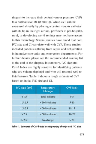ringers) to increase their central venous pressure (CVP)
to a normal level (8-12 mmHg). While CVP can be
measured directly by placing a central venous catheter
with its tip in the right atrium, providers in pre-hospital,
rural, or developing world settings may not have access
to this technology. Several studies have found that both
IVC size and CI correlate well with CVP. These studies
included patients suﬀering from sepsis and dehydration
in intensive care units and emergency departments. For
further details, please see the recommended reading list
at the end of the chapter. In summary, IVC size and
Caval Index are highly sensitive for identifying patients
who are volume depleted and who will respond well to
ﬂuid boluses. Table 1 shows a rough estimate of CVP
based on initial IVC size and CI.

   IVC size (cm)           Respiratory             CVP (cm)
                            Change

        < 1.5              Total collapse              0-5

       1.5-2.5            > 50% collapse               5-10

       1.5-2.5            < 50% collapse              11-15

        > 2.5             < 50% collapse              16-20

        > 2.5               No change                  > 20

Table 1. Estimates of CVP based on respiratory change and IVC size


                                                                275
 