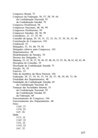 Congresso Bienal, 73
Congresso da Federação, 56, 57, 58, 59, 64
   da Confederação Nacional, 93
   da Confederação Sinodal, 79
Congresso Presbiterial, 96
Congressos Nacionais, 68, 96, 99
Congressos Presbiteriais, 99
Congressos Sinodais, 68, 96, 99
Conselheiro, 31, 37, 39, 96
Conselho da Igreja, 29, 30, 31, 32, 33, 36, 37, 39, 50, 53, 96
Constituição do Congressos, 103
Credencial, 51
Delegados, 51, 54, 68, 79, 93
Delegados efetivos para Congressos, 103
Departamentos, 48
Desdobramento de Sínodos, 70
Deveres dos Delegados, 51
Diretoria, 33, 35, 36, 37, 39, 40, 47, 48, 50, 53, 55, 56, 58, 61, 62, 63, 96
Disciplina do Conselho, 39
Dissolução de Confederação Sinodal, 71
Eleição, 36, 39
Emérito, 35
Falta de membros da Mesa Diretora, 106
Federação, 29, 37, 39, 41, 51, 54, 56, 57, 58, 59, 69, 73, 96
Finalidade dos Departamentos, 48
Finalidades da Confederação Sinodal, 69
   da Confederação Nacional, 82
Finanças das Sociedades Internas, 53
   da Confederação Nacional, 95
   da Confederação Sinodal, 81
   da Federação, 68
Funcionamento do Congresso, 106
Funcionamento dos Departamento, 48
Hino
   UMP, 27
   UPH, 25
   SAF, 26
Idade
   UCP, 32
   UMP, 32
   UPA, 32
   UPH, 32
   SAF, 32
                                                                        157
 