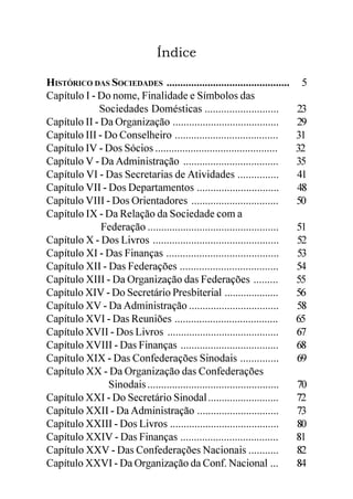 Índice

HISTÓRICO DAS SOCIEDADES .............................................       5
Capítulo I - Do nome, Finalidade e Símbolos das
             Sociedades Domésticas ...........................              23
Capítulo II - Da Organização .......................................        29
Capítulo III - Do Conselheiro ......................................        31
Capítulo IV - Dos Sócios .............................................      32
Capítulo V - Da Administração ...................................           35
Capítulo VI - Das Secretarias de Atividades ...............                 41
Capítulo VII - Dos Departamentos ..............................             48
Capítulo VIII - Dos Orientadores ................................           50
Capítulo IX - Da Relação da Sociedade com a
              Federação ................................................    51
Capítulo X - Dos Livros ..............................................      52
Capítulo XI - Das Finanças .........................................        53
Capítulo XII - Das Federações ....................................          54
Capítulo XIII - Da Organização das Federações .........                     55
Capítulo XIV - Do Secretário Presbiterial ....................              56
Capítulo XV - Da Administração .................................            58
Capítulo XVI - Das Reuniões ......................................          65
Capítulo XVII - Dos Livros .........................................        67
Capítulo XVIII - Das Finanças ....................................          68
Capítulo XIX - Das Confederações Sinodais ..............                    69
Capítulo XX - Da Organização das Confederações
                Sinodais ................................................   70
Capítulo XXI - Do Secretário Sinodal ..........................             72
Capítulo XXII - Da Administração ..............................             73
Capítulo XXIII - Dos Livros ........................................        80
Capítulo XXIV - Das Finanças ....................................           81
Capítulo XXV - Das Confederações Nacionais ...........                      82
Capítulo XXVI - Da Organização da Conf. Nacional ...                        84
 