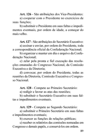 Art. 126 - São atribuições dos Vice-Presidentes:
     a) cooperar com o Presidente no exercícios de
suas funções;
     b) substituir o Presidente em suas faltas e impedi-
mentos eventuais, por ordem de idade, a começar do
mais velho.

      Art. 127 - São atribuições do Secretário Executivo:
      a) assinar e enviar, por ordem do Presidente, toda
a correspondência oficial da Confederação Nacional;
      b) organizar e manter em dia o arquivo da Confe-
deração Nacional;
      c) zelar pela pronta e fiel execução das resolu-
ções emanadas do Congresso Nacional, da Comissão
Executiva e da Diretoria;
      d) convocar, por ordem do Presidente, todas as
reuniões da Diretoria, Comissão Executiva e Congres-
so Nacional.

       Art. 128 - Compete ao Primeiro Secretário:
       a) redigir e lavrar as atas das reuniões;
       b) substituir o Secretário Executivo em suas fal-
tas e impedimentos eventuais.

     Art. 129 - Compete ao Segundo Secretário:
     a) substituir o Primeiro Secretário em suas faltas
e impedimentos eventuais;
     b) exercer as funções de relações públicas;
     c) receber os relatórios das comissões nomeadas em
Congresso e demais papéis, e conservá-los em ordem.
                                                      89
 