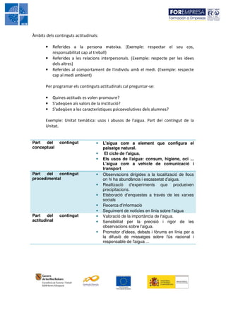 Àmbits dels continguts actitudinals:

       •   Referides a la persona mateixa. (Exemple: respectar el seu cos,
           responsabilitat cap al treball)
       •   Referides a les relacions interpersonals. (Exemple: respecte per les idees
           dels altres)
       •   Referides al comportament de l'individu amb el medi. (Exemple: respecte
           cap al medi ambient)

       Per programar els continguts actitudinals cal preguntar-se:

       •   Quines actituds es volen promoure?
       •   S'adeqüen als valors de la institució?
       •   S'adeqüen a les característiques psicoevolutives dels alumnes?

       Exemple: Unitat temàtica: usos i abusos de l'aigua. Part del contingut de la
       Unitat.


Part  del     contingut           •    L'aigua com a element que configura el
conceptual                             paisatge natural.
                                  •     El cicle de l'aigua.
                                  •    Els usos de l'aigua: consum, higiene, oci ...
                                       L'aigua com a vehicle de comunicació i
                                       transport
Part   del  contingut             •    Observacions dirigides a la localització de llocs
procedimental                          on hi ha abundància i escassetat d’aigua.
                                  •    Realització d'experiments que produeixen
                                       precipitacions.
                                  •    Elaboració d'enquestes a través de les xarxes
                                       socials
                                  •    Recerca d'informació
                                  •    Seguiment de notícies en línia sobre l'aigua
Part    del   contingut           •    Valoració de la importància de l'aigua.
actitudinal                       •    Sensibilitat per la precisió i rigor de les
                                       observacions sobre l'aigua.
                                  •    Promotor d'idees, debats i fòrums en línia per a
                                       la difusió de missatges sobre l'ús racional i
                                       responsable de l'aigua ...
 