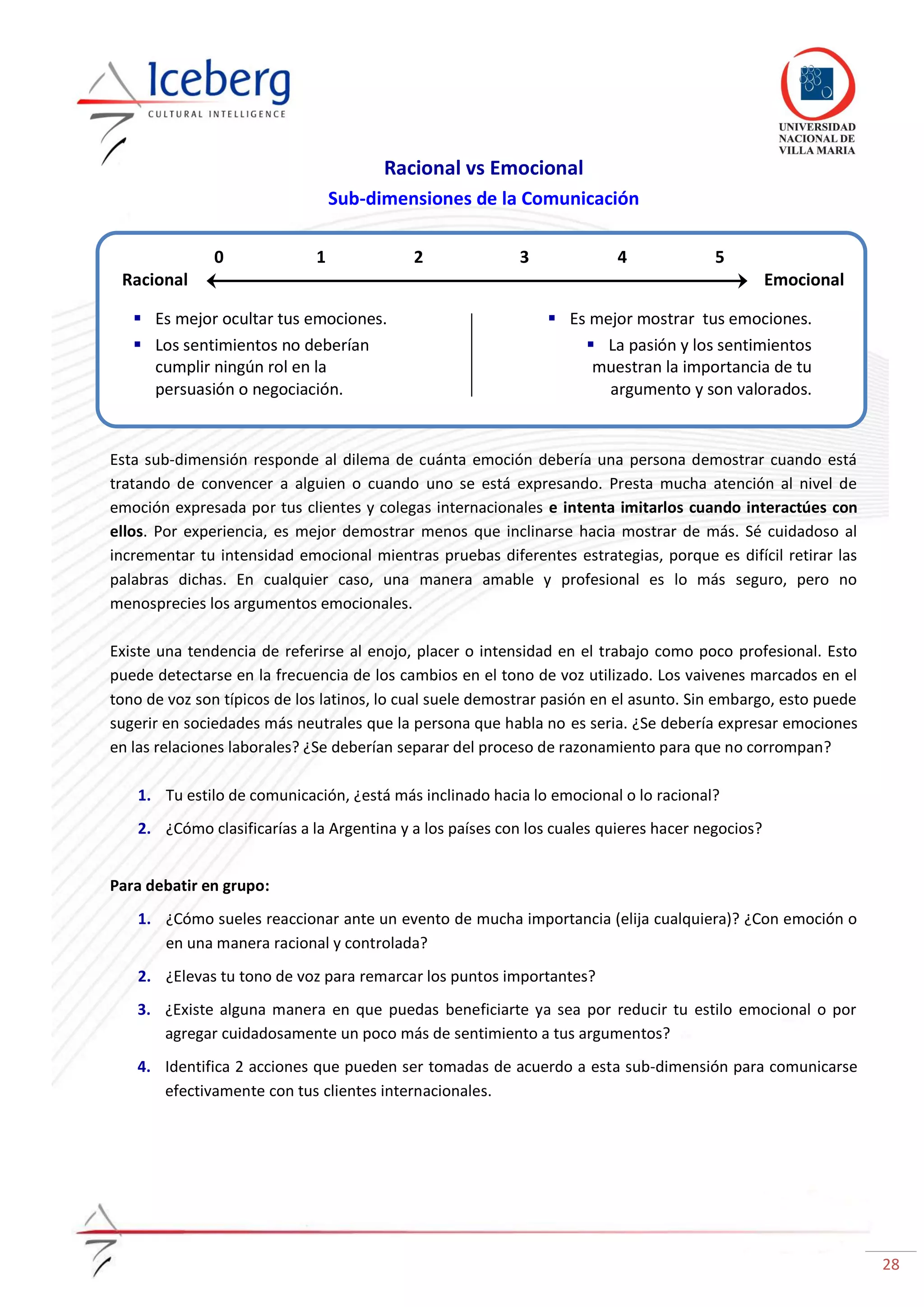 28
Racional vs Emocional
Sub-dimensiones de la Comunicación
Esta sub-dimensión responde al dilema de cuánta emoción debería una persona demostrar cuando está
tratando de convencer a alguien o cuando uno se está expresando. Presta mucha atención al nivel de
emoción expresada por tus clientes y colegas internacionales e intenta imitarlos cuando interactúes con
ellos. Por experiencia, es mejor demostrar menos que inclinarse hacia mostrar de más. Sé cuidadoso al
incrementar tu intensidad emocional mientras pruebas diferentes estrategias, porque es difícil retirar las
palabras dichas. En cualquier caso, una manera amable y profesional es lo más seguro, pero no
menosprecies los argumentos emocionales.
Existe una tendencia de referirse al enojo, placer o intensidad en el trabajo como poco profesional. Esto
puede detectarse en la frecuencia de los cambios en el tono de voz utilizado. Los vaivenes marcados en el
tono de voz son típicos de los latinos, lo cual suele demostrar pasión en el asunto. Sin embargo, esto puede
sugerir en sociedades más neutrales que la persona que habla no es seria. ¿Se debería expresar emociones
en las relaciones laborales? ¿Se deberían separar del proceso de razonamiento para que no corrompan?
1. Tu estilo de comunicación, ¿está más inclinado hacia lo emocional o lo racional?
2. ¿Cómo clasificarías a la Argentina y a los países con los cuales quieres hacer negocios?
Para debatir en grupo:
1. ¿Cómo sueles reaccionar ante un evento de mucha importancia (elija cualquiera)? ¿Con emoción o
en una manera racional y controlada?
2. ¿Elevas tu tono de voz para remarcar los puntos importantes?
3. ¿Existe alguna manera en que puedas beneficiarte ya sea por reducir tu estilo emocional o por
agregar cuidadosamente un poco más de sentimiento a tus argumentos?
4. Identifica 2 acciones que pueden ser tomadas de acuerdo a esta sub-dimensión para comunicarse
efectivamente con tus clientes internacionales.
Racional Emocional
0 1 2 3 4 5
 Es mejor ocultar tus emociones.
 Los sentimientos no deberían
cumplir ningún rol en la
persuasión o negociación.
 Es mejor mostrar tus emociones.
 La pasión y los sentimientos
muestran la importancia de tu
argumento y son valorados.
 