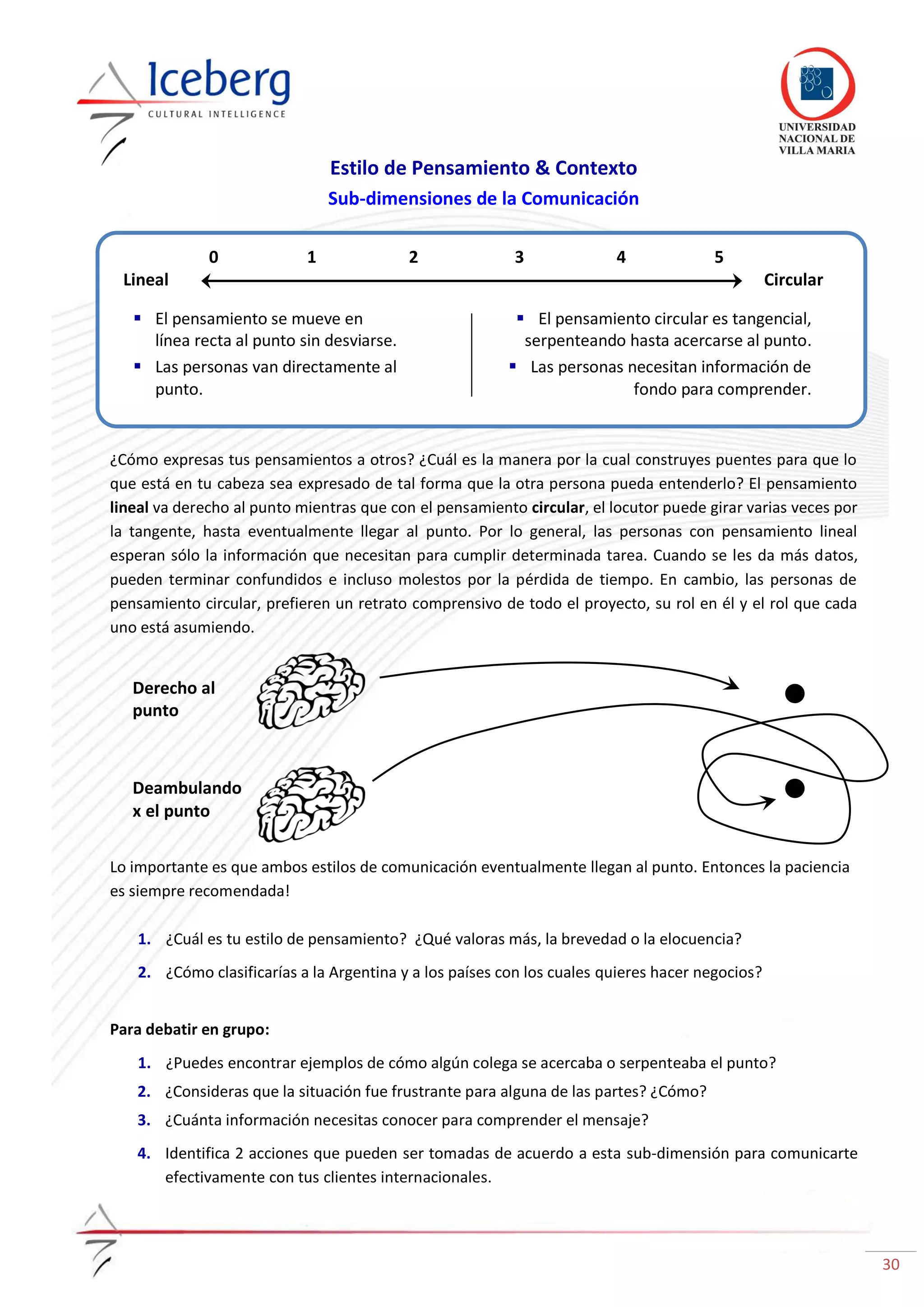 30
Estilo de Pensamiento & Contexto
Sub-dimensiones de la Comunicación
¿Cómo expresas tus pensamientos a otros? ¿Cuál es la manera por la cual construyes puentes para que lo
que está en tu cabeza sea expresado de tal forma que la otra persona pueda entenderlo? El pensamiento
lineal va derecho al punto mientras que con el pensamiento circular, el locutor puede girar varias veces por
la tangente, hasta eventualmente llegar al punto. Por lo general, las personas con pensamiento lineal
esperan sólo la información que necesitan para cumplir determinada tarea. Cuando se les da más datos,
pueden terminar confundidos e incluso molestos por la pérdida de tiempo. En cambio, las personas de
pensamiento circular, prefieren un retrato comprensivo de todo el proyecto, su rol en él y el rol que cada
uno está asumiendo.
Lo importante es que ambos estilos de comunicación eventualmente llegan al punto. Entonces la paciencia
es siempre recomendada!
1. ¿Cuál es tu estilo de pensamiento? ¿Qué valoras más, la brevedad o la elocuencia?
2. ¿Cómo clasificarías a la Argentina y a los países con los cuales quieres hacer negocios?
Para debatir en grupo:
1. ¿Puedes encontrar ejemplos de cómo algún colega se acercaba o serpenteaba el punto?
2. ¿Consideras que la situación fue frustrante para alguna de las partes? ¿Cómo?
3. ¿Cuánta información necesitas conocer para comprender el mensaje?
4. Identifica 2 acciones que pueden ser tomadas de acuerdo a esta sub-dimensión para comunicarte
efectivamente con tus clientes internacionales.
Lineal Circular
0 1 2 3 4 5
 El pensamiento se mueve en
línea recta al punto sin desviarse.
 Las personas van directamente al
punto.
 El pensamiento circular es tangencial,
serpenteando hasta acercarse al punto.
 Las personas necesitan información de
fondo para comprender.
Derecho al
punto
Deambulando
x el punto
 