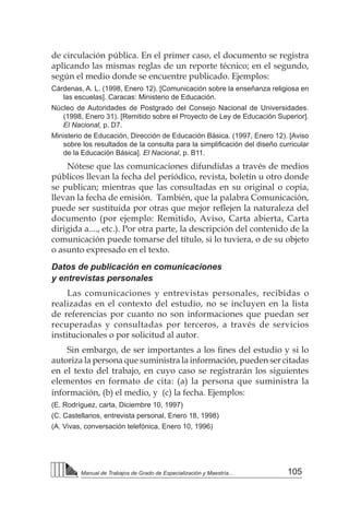 105
Manual de Trabajos de Grado de Especialización y Maestría...
de circulación pública. En el primer caso, el documento se registra
aplicando las mismas reglas de un reporte técnico; en el segundo,
según el medio donde se encuentre publicado. Ejemplos:
Cárdenas, A. L. (1998, Enero 12). [Comunicación sobre la enseñanza religiosa en
las escuelas]. Caracas: Ministerio de Educación.
Núcleo de Autoridades de Postgrado del Consejo Nacional de Universidades.
(1998, Enero 31). [Remitido sobre el Proyecto de Ley de Educación Superior].
El Nacional, p. D7.
Ministerio de Educación, Dirección de Educación Básica. (1997, Enero 12). [Aviso
sobre los resultados de la consulta para la simplificación del diseño curricular
de la Educación Básica]. El Nacional, p. B11.
Nótese que las comunicaciones difundidas a través de medios
públicos llevan la fecha del periódico, revista, boletín u otro donde
se publican; mientras que las consultadas en su original o copia,
llevan la fecha de emisión. También, que la palabra Comunicación,
puede ser sustituida por otras que mejor reflejen la naturaleza del
documento (por ejemplo: Remitido, Aviso, Carta abierta, Carta
dirigida a...., etc.). Por otra parte, la descripción del contenido de la
comunicación puede tomarse del título, si lo tuviera, o de su objeto
o asunto expresado en el texto.
Datos de publicación en comunicaciones
y entrevistas personales
Las comunicaciones y entrevistas personales, recibidas o
realizadas en el contexto del estudio, no se incluyen en la lista
de referencias por cuanto no son informaciones que puedan ser
recuperadas y consultadas por terceros, a través de servicios
institucionales o por solicitud al autor.
Sin embargo, de ser importantes a los fines del estudio y si lo
autoriza la persona que suministra la información, pueden ser citadas
en el texto del trabajo, en cuyo caso se registrarán los siguientes
elementos en formato de cita: (a) la persona que suministra la
información, (b) el medio, y (c) la fecha. Ejemplos:
(E. Rodríguez, carta, Diciembre 10, 1997)
(C. Castellanos, entrevista personal, Enero 18, 1998)
(A. Vivas, conversación telefónica, Enero 10, 1996)
 