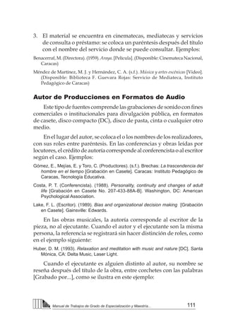 111
Manual de Trabajos de Grado de Especialización y Maestría...
3. 	El material se encuentra en cinematecas, mediatecas y servicios
de consulta o préstamo: se coloca un paréntesis después del título
con el nombre del servicio donde se puede consultar. Ejemplos:
Benacerraf, M. (Directora). (1959). Araya. [Película]. (Disponible: Cinemateca Nacional,
Caracas)
Méndez de Martínez, M. J. y Hernández, C. A. (s.f.). Música y artes escénicas [Video].
(Disponible: Biblioteca F. Guevara Rojas: Servicio de Mediateca, Instituto
Pedagógico de Caracas)
Autor de Producciones en Formatos de Audio
Este tipo de fuentes comprende las grabaciones de sonido con fines
comerciales o institucionales para divulgación pública, en formatos
de casete, disco compacto (DC), disco de pasta, cinta o cualquier otro
medio.
En el lugar del autor, se coloca el o los nombres de los realizadores,
con sus roles entre paréntesis. En las conferencias y obras leídas por
locutores, el crédito de autoría corresponde al conferencista o al escritor
según el caso. Ejemplos:
Gómez, E., Mejías, E. y Toro, C. (Productores). (s.f.). Brechas: La trascendencia del
hombre en el tiempo [Grabación en Casete]. Caracas: Instituto Pedagógico de
Caracas, Tecnología Educativa.
Costa, P. T. (Conferencista). (1988). Personality, continuity and changes of adult
life [Grabación en Casete No. 207-433-88A-B]. Washington, DC: American
Psychological Association.
Lake, F. L. (Escritor). (1989). Bias and organizational decision making [Grabación
en Casete]. Gainsville: Edwards.
En las obras musicales, la autoría corresponde al escritor de la
pieza, no al ejecutante. Cuando el autor y el ejecutante son la misma
persona, la referencia se registrará sin hacer distinción de roles, como
en el ejemplo siguiente:
Huber, D. M. (1993). Relaxation and meditation with music and nature [DC]. Santa
Mónica, CA: Delta Music, Laser Light.
Cuando el ejecutante es alguien distinto al autor, su nombre se
reseña después del título de la obra, entre corchetes con las palabras
[Grabado por...], como se ilustra en este ejemplo:
 