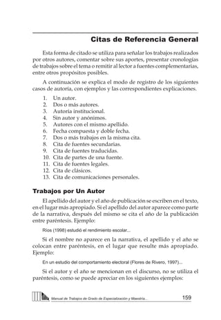 159
Manual de Trabajos de Grado de Especialización y Maestría...
Citas de Referencia General
Esta forma de citado se utiliza para señalar los trabajos realizados
por otros autores, comentar sobre sus aportes, presentar cronologías
de trabajos sobre el tema o remitir al lector a fuentes complementarias,
entre otros propósitos posibles.
A continuación se explica el modo de registro de los siguientes
casos de autoría, con ejemplos y las correspondientes explicaciones.
1. 	 Un autor.
2. 	 Dos o más autores.
3. 	 Autoría institucional.
4. 	 Sin autor y anónimos.
5. 	 Autores con el mismo apellido.
6. 	 Fecha compuesta y doble fecha.
7. 	 Dos o más trabajos en la misma cita.
8. 	 Cita de fuentes secundarias.
9. 	 Cita de fuentes traducidas.
10. 	Cita de partes de una fuente.
11. 	Cita de fuentes legales.
12. 	Cita de clásicos.
13. 	Cita de comunicaciones personales.
Trabajos por Un Autor
El apellido del autor y el año de publicación se escriben en el texto,
en el lugar más apropiado. Si el apellido del autor aparece como parte
de la narrativa, después del mismo se cita el año de la publicación
entre paréntesis. Ejemplo:
Ríos (1998) estudió el rendimiento escolar...
Si el nombre no aparece en la narrativa, el apellido y el año se
colocan entre paréntesis, en el lugar que resulte más apropiado.
Ejemplo:
En un estudio del comportamiento electoral (Flores de Rivero, 1997)...
Si el autor y el año se mencionan en el discurso, no se utiliza el
paréntesis, como se puede apreciar en los siguientes ejemplos:
 