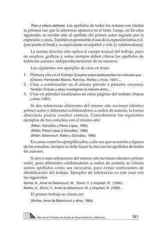 161
Manual de Trabajos de Grado de Especialización y Maestría...
Tres a cinco autores. Los apellidos de todos los autores son citados
la primera vez que la referencia aparezca en el texto. Luego, en las citas
siguientes, se escribe sólo el apellido del primer autor seguido por la
expresión:yotros.Tambiénespermisibleelusodelaexpresiónlatinaetal.
(con punto al final) y su equivalente en español: y cols. (y colaboradores).
La norma descrita sólo aplica al cuerpo textual del trabajo, pues
en cuadros, gráficos y notas siempre deben citarse los apellidos de
todos los autores, independientemente de su número.
Los siguientes son ejemplos de citas en texto:
1. 	 Primera cita en el trabajo: Estudios sobre adolescentes han indicado que...
(Chávez, Hernández Blanco, Ramírez, Morles y Vivas, 1997)...
2. 	 Citas a continuación en el mismo párrafo o párrafos cercanos:
También Chávez y otros investigaron la relación entre...
3. 	 Citas en párrafos localizados en otras páginas del trabajo: Chávez
y otros (1997).
Si dos referencias diferentes del mismo año tuvieran idéntico
primer autor y diferentes colaboradores u orden de autoría, la forma
abreviada podría resultar confusa. Considérense los siguientes
ejemplos de tres estudios con el mismo año:
(Millán, González y Pérez López, 1996)
(Millán, Pérez López y González, 1996)
(Millán, Betancourt, Matos y González, 1996)
En casos como los ejemplificados, cada vez que se remita a alguno
de los estudios, siempre se debe hacer la cita con los apellidos de todos
los autores.
Si dos o más referencias del mismo año tuvieran idéntico primer
autor, pero diferentes colaboradores u orden de autoría, se citarán
tantos apellidos como sea necesario, para evitar confusiones de
identificación del trabajo. Ejemplos de referencias en este caso son
las siguientes:
Morles, A., Amat de Betancourt, M., Donís, Y. y Urquhart, R. (1990)...
Morles, A., Donís, Y., Amat de Betancourt, M. y Urquhart, R. (1989)...
El primer trabajo se citaría así:
(Morles, Amat de Betancourt y otros, 1989)
 