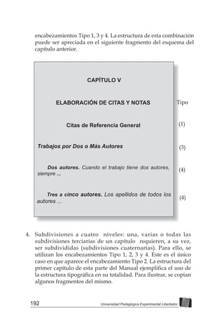 192 Universidad Pedagógica Experimental Libertador
CAPÍTULO V
4. Subdivisiones a cuatro niveles: una, varias o todas las
subdivisiones terciarias de un capítulo requieren, a su vez,
ser subdivididas (subdivisiones cuaternarias). Para ello, se
utilizan los encabezamientos Tipo 1, 2, 3 y 4. Este es el único
caso en que aparece el encabezamiento Tipo 2. La estructura del
primer	capítulo	de	esta	parte	del	Manual	ejemplifi
	ca	el	uso	de	
la	estructura	tipográfi
	ca	en	su	totalidad.	Para	ilustrar,	se	copian	
algunos fragmentos del mismo.
ELABORACIÓN DE CITAS Y NOTAS
Citas de Referencia General
Trabajos por Dos o Más Autores
Dos autores. Cuando el trabajo tiene dos autores,
siempre ...
Tres a cinco autores. Los apellidos de todos los
autores ...
Tipo
(1)
(3)
(4)
(4)
encabezamientos Tipo 1, 3 y 4. La estructura de esta combinación
puede ser apreciada en el siguiente fragmento del esquema del
capítulo anterior.
 