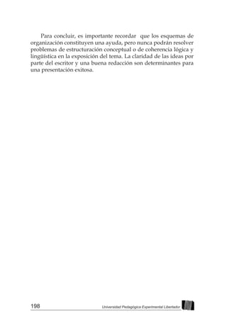 198 Universidad Pedagógica Experimental Libertador
Para concluir, es importante recordar que los esquemas de
organización constituyen una ayuda, pero nunca podrán resolver
problemas de estructuración conceptual o de coherencia lógica y
lingüística en la exposición del tema. La claridad de las ideas por
parte del escritor y una buena redacción son determinantes para
una presentación exitosa.
 