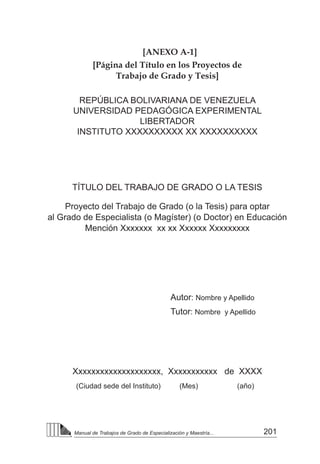 201
Manual de Trabajos de Grado de Especialización y Maestría...
[ANEXO A-1]
[Página del Título en los Proyectos de
Trabajo de Grado y Tesis]
REPÚBLICA BOLIVARIANA DE VENEZUELA
UNIVERSIDAD PEDAGÓGICA EXPERIMENTAL
LIBERTADOR
INSTITUTO XXXXXXXXXX XX XXXXXXXXXX
TÍTULO DEL TRABAJO DE GRADO O LA TESIS
Proyecto del Trabajo de Grado (o la Tesis) para optar
al Grado de Especialista (o Magíster) (o Doctor) en Educación
Mención Xxxxxxx xx xx Xxxxxx Xxxxxxxxx
Autor: Nombre y Apellido
Tutor: Nombre y Apellido
Xxxxxxxxxxxxxxxxxxxx, Xxxxxxxxxxx de XXXX
(Ciudad sede del Instituto) 	 (Mes) 	 (año)
 