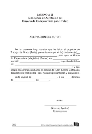202 Universidad Pedagógica Experimental Libertador
[ANEXO A-2]
[Constancia de Aceptación del
Proyecto de Trabajo o Tesis por el Tutor]
ACEPTACIÓN DEL TUTOR
Por la presente hago constar que he leído el proyecto de
Trabajo de Grado (Tesis), presentado(a) por el (la) ciudadano(a)__
____________________________________, para optar al Grado
de Especialista (Magíster) (Doctor) en ____________________,
Mención ________________________________, cuyo título tentativo
es: ___________________________________________________
_________ _______________________________________; y que
acepto asesorar al estudiante, en calidad de Tutor, durante la etapa de
desarrollo del Trabajo (la Tesis) hasta su presentación y evaluación.
En la Ciudad de ____________________, a los _____ del mes
de _________________ de ________.
(Firma)
_________________________
(Nombre y Apellido)
CI: xxxxxxxxxx
 