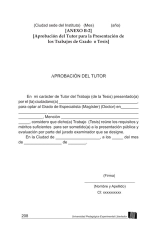 208 Universidad Pedagógica Experimental Libertador
(Ciudad sede del Instituto)	 (Mes)		 (año)
[ANEXO B-2]
[Aprobación del Tutor para la Presentación de
los Trabajos de Grado o Tesis]
APROBACIÓN DEL TUTOR
En mi carácter de Tutor del Trabajo (de la Tesis) presentado(a)
por el (la) ciudadano(a) ____________________________________,
para optar al Grado de Especialista (Magíster) (Doctor) en________
_____________ _________________________________________
___________, Mención ___________________________________
_____, considero que dicho(a) Trabajo (Tesis) reúne los requisitos y
méritos suficientes para ser sometido(a) a la presentación pública y
evaluación por parte del jurado examinador que se designe.
En la Ciudad de ____________________, a los _____ del mes
de _________________ de ________.
						
(Firma)
_________________________
(Nombre y Apellido)
CI: xxxxxxxxxx
 