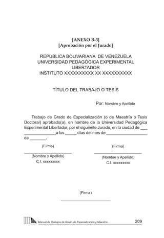 209
Manual de Trabajos de Grado de Especialización y Maestría...
[ANEXO B-3]
[Aprobación por el Jurado]
REPÚBLICA BOLIVARIANA DE VENEZUELA
UNIVERSIDAD PEDAGÓGICA EXPERIMENTAL
LIBERTADOR
INSTITUTO XXXXXXXXXX XX XXXXXXXXXX
TÍTULO DEL TRABAJO O TESIS
Por: Nombre y Apellido
Trabajo de Grado de Especialización (o de Maestría o Tesis
Doctoral) aprobado(a), en nombre de la Universidad Pedagógica
Experimental Libertador, por el siguiente Jurado, en la ciudad de ___
______________a los _____ días del mes de __________________
de _______.
(Firma)
________________________
(Firma)
_______________________	
(Nombre y Apellido)
C.I. xxxxxxxxx
			
(Firma)
_______________________
(Nombre y Apellido)
C.I. xxxxxxxxx
			
 