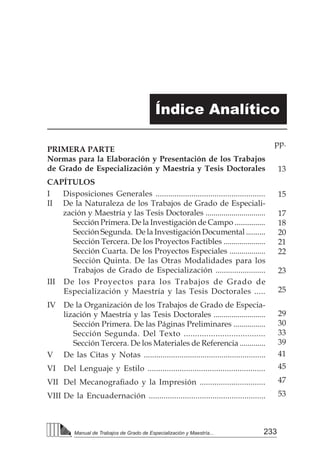 233
Manual de Trabajos de Grado de Especialización y Maestría...
PRIMERA PARTE
Normas para la Elaboración y Presentación de los Trabajos
de Grado de Especialización y Maestría y Tesis Doctorales
CAPÍTULOS
I	 Disposiciones Generales ....................................................
II	 De la Naturaleza de los Trabajos de Grado de Especiali-
zación y Maestría y las Tesis Doctorales ..............................
Sección Primera. De la Investigación de Campo ................
Sección Segunda. De la Investigación Documental ..........
Sección Tercera. De los Proyectos Factibles .....................
Sección Cuarta. De los Proyectos Especiales ..................
Sección Quinta. De las Otras Modalidades para los
Trabajos de Grado de Especialización ........................
III	 De los Proyectos para los Trabajos de Grado de
Especialización y Maestría y las Tesis Doctorales .....
IV 	 De la Organización de los Trabajos de Grado de Especia-
lización y Maestría y las Tesis Doctorales ..........................
Sección Primera. De las Páginas Preliminares ................
Sección Segunda. Del Texto ....................................
Sección Tercera. De los Materiales de Referencia .............
V	 De las Citas y Notas ..........................................................
VI	 Del Lenguaje y Estilo .......................................................
VII	 Del Mecanografiado y la Impresión ...............................
VIII	De la Encuadernación .......................................................
Índice Analítico
pp.
13
15
17
18
20
21
22
23
25
29
30
33
39
41
45
47
53
 