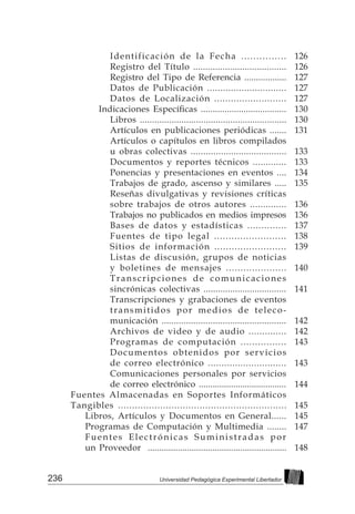 236 Universidad Pedagógica Experimental Libertador
					 Identificación de la Fecha ...............
					 Registro del Título ......................................
					 Registro del Tipo de Referencia ..................
					 Datos de Publicación ..............................
					 Datos de Localización ..........................
	 	 	 	 Indicaciones Específicas ....................................
					
Libros ............................................................
					 Artículos en publicaciones periódicas .......
					 Artículos o capítulos en libros compilados
					 u obras colectivas ......................................
					 Documentos y reportes técnicos .............
					 Ponencias y presentaciones en eventos ....
					 Trabajos de grado, ascenso y similares .....
					 Reseñas divulgativas y revisiones críticas
					 sobre trabajos de otros autores ..............
					 Trabajos no publicados en medios impresos
					 Bases de datos y estadísticas ..............
					 Fuentes de tipo legal .........................
					 Sitios de información .........................
					 Listas de discusión, grupos de noticias
					 y boletines de mensajes .....................
					 Transcripciones de comunicaciones
					 sincrónicas colectivas ..................................
					 Transcripciones y grabaciones de eventos
					 transmitidos por medios de teleco-
					
municación ...................................................
					 Archivos de video y de audio ..............
					 Programas de computación ................
					 Documentos obtenidos por servicios
					 de correo electrónico .............................
					 Comunicaciones personales por servicios
					 de correo electrónico ......................................
		 Fuentes Almacenadas en Soportes Informáticos
		 Tangibles ............................................................
			 Libros, Artículos y Documentos en General......
			 Programas de Computación y Multimedia ........
			 Fuentes Electrónicas Suministradas por
			 un Proveedor ............................................................
126
126
127
127
127
130
130
131
133
133
134
135
136
136
137
138
139
140
141
142
142
143
143
144
145
145
147
148
 