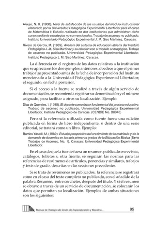 95
Manual de Trabajos de Grado de Especialización y Maestría...
DESARROLLO DE LOS CURSOS
Araujo, N. R. (1988). Nivel de satisfacción de los usuarios del módulo instruccional
elaborado por la Universidad Pedagógica Experimental Libertador para el curso
de Matemática I: Estudio realizado en dos instituciones que administran dicho
curso mediante estrategias no convencionales. Trabajo de ascenso no publicado,
Instituto Universitario Pedagógico Experimental J. M. Siso Martínez, Caracas.
Rivero de García, M. (1989). Análisis del sistema de educación abierta del Instituto
Pedagógico J. M. Siso Martínez y su relación con el modelo andragógico. Trabajo
de ascenso no publicado. Universidad Pedagógica Experimental Libertador,
Instituto Pedagógico J. M. Siso Martínez, Caracas.
La diferencia en el registro de los datos relativos a la institución
que se aprecia en los dos ejemplos anteriores, obedece a que el primer
trabajo fue presentado antes de la fecha de incorporación del Instituto
mencionado a la Universidad Pedagógica Experimental Libertador;
el segundo, en fecha posterior.
Si el acceso a la fuente se realizó a través de algún servicio de
documentación, se recomienda registrar su denominación y el número
asignado, para facilitar a otros su localización. Ejemplo:
Díaz de Querales, I. (1988). El docente como factor fundamental del proceso educativo.
Trabajo de ascenso no publicado, Universidad Pedagógica Experimental
Libertador, Instituto Pedagógico de Caracas. (CENDIE No. D0040)
Pero si la referencia utilizada como fuente fuera una edición
publicada en forma de libro independiente, o dentro de una serie
editorial, se tratará como un libro. Ejemplo:
Barrios Yaselli, M. (1989). Estudio prospectivo del crecimiento de la matrícula y de la
demanda de docentes en los seis primeros grados de la Educación Básica (Serie
Trabajos de Ascenso, No. 1). Caracas: Universidad Pedagógica Experimental
Libertador.
En el caso de que la fuente fuera un resumen publicado en revistas,
catálogos, folletos u otra fuente, se seguirán las normas para las
referencias de resúmenes de artículos, ponencias y similares, trabajos
y tesis de grado, descritas en las secciones precedentes.
Si se trata de resúmenes no publicados, la referencia se registrará
como en el caso del texto completo no publicado, con el añadido de la
palabra Resumen, entre corchetes, después del título. Y si el resumen
se obtuvo a través de un servicio de documentación, se colocarán los
datos que permitan su localización. Ejemplos de ambas situaciones
son los siguientes:
 