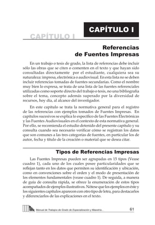 61Manual de Trabajos de Grado de Especialización y Maestría...
En un trabajo o tesis de grado, la lista de referencias debe incluir
sólo las obras que se citen o comenten en el texto y que hayan sido
consultadas directamente por el estudiante, cualquiera sea su
naturaleza: impresa, electrónica o audiovisual. En esta lista no se deben
incluir referencias tomadas de fuentes secundarias. Como el nombre
muy bien lo expresa, se trata de una lista de las fuentes referenciales
utilizadas como soporte directo del trabajo o tesis, no una bibliografía
sobre el tema, concepto además superado por la diversidad de
recursos, hoy día, al alcance del investigador.
En este capítulo se trata la normativa general para el registro
de las referencias con ejemplos tomados de Fuentes Impresas. En
capítulos sucesivos se explica lo específico de las Fuentes Electrónicas
y las Fuentes Audiovisuales en el contexto de esta normativa general.
Por ello, se recomienda el estudio detenido del presente capítulo y su
consulta cuando sea necesario verificar cómo se registran los datos
que son comunes a las tres categorías de fuentes, en particular los de
autor, fecha y título de la creación o material que se desea citar.
Tipos de Referencias Impresas
Las Fuentes Impresas pueden ser agrupadas en 15 tipos (Vease
cuadro 1), cada uno de los cuales posee particularidades que se
reflejan tanto en los datos que permiten su identificación y ubicación,
como en convenciones sobre el orden y el modo de presentación de
los elementos fundamentales (vease cuadro 1). De seguida, a manera
de guía de consulta rápida, se ofrece la enumeración de estos tipos
acompañadosdeejemplosilustrativos.Nótesequelosejemplosenéstey
los siguientes capítulos aparecen con otro tipo de letra, para destacarlos
y diferenciarlos de las explicaciones en el texto.
CAPÍTULO I
CAPÍTULO I
Referencias
de Fuentes Impresas
 