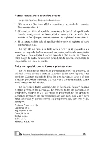 65Manual de Trabajos de Grado de Especialización y Maestría...
Autora con apellidos de mujere casada
Se presentan tres tipos de situaciones:
1. 	 Si la autora utiliza los apellidos de soltera y de casada, la cita sería:
Rivera de González, A.
2. 	Si la autora utiliza el apellido de soltera y la inicial del apellido de
casada, se registrarán ambos apellidos como aparezcan en la obra
reseñada. Por ejemplo: Teresa Rivero de P., se registrará: Rivero de P., T.
3. 	Si la autora utiliza sólo el apellido del esposo, el registro se hará
así: González, A. de
En este último caso, si se trata de la única o la última autora en
una serie, luego de la de se colocará un punto y, dejando un espacio,
el paréntesis con la fecha. Cuando precede a otro autor, se colocará
coma luego de la de, pero si es la penúltima de la serie, se colocará la
conjunción, sin coma ni punto.
Autor con apellido con artículos o preposiciones
En los apellidos españoles, la preposición de o d’ se pospone. El
artículo la o las precede, tanto si va unido, como si va separado del
apellido. Cuando el apellido lleva las dos partículas (de la o de las)
ambas se posponen, salvo que el artículo esté unido al apellido como
parte integrante del mismo.
En portugués, todas las partículas se posponen, pero en italiano
e inglés preceden las partículas. En francés, todas las partículas se
anteponen, excepto de y d’ las cuales se posponen. En los apellidos
alemanes, preceden las preposiciones: an, den, vom, zum y zur; pero
otros artículos y preposiciones se posponen: der, von, van y zu.
Ejemplos:
Eguiara y Eguren, J. J. de
Las Heras, M. A.
Rey Fajardo, J. del
Casas, B. de las
Santos, J. dos
Di Prisco, R.
Helmoltz, H. L. F. Von
 