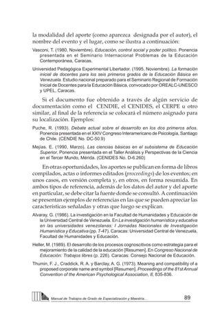 89Manual de Trabajos de Grado de Especialización y Maestría...
la modalidad del aporte (como aparezca designada por el autor), el
nombre del evento y el lugar, como se ilustra a continuación:
Vasconi, T. (1980, Noviembre). Educación, control social y poder político. Ponencia
presentada en el Seminario Internacional Problemas de la Educación
Contemporánea, Caracas.
Universidad Pedagógica Experimental Libertador. (1995, Noviembre). La formación
inicial de docentes para los seis primeros grados de la Educación Básica en
Venezuela. Estudio nacional preparado para el Seminario Regional de Formación
Inicial de Docentes para la Educación Básica, convocado por OREALC-UNESCO
y UPEL, Caracas.
Si el documento fue obtenido a través de algún servicio de
documentación como el CENDIE, el CENIDES, el CERPE u otro
similar, al final de la referencia se colocará el número asignado para
su localización. Ejemplos:
Puche, R. (1993). Debate actual sobre el desarrollo en los dos primeros años.
Ponencia presentada en el XXIV Congreso Interamericano de Psicología, Santiago
de Chile. (CENDIE No. DC-50.9)
Mejías. E. (1990, Marzo). Las ciencias básicas en el subsistema de Educación
Superior. Ponencia presentada en el Taller Análisis y Perspectivas de la Ciencia
en el Tercer Mundo, Mérida. (CENIDES No. D-6.260)
En otras oportunidades, los aportes se publican en forma de libros
compilados, actas o informes editados (proceedings) de los eventos; en
unos casos, en versión completa y, en otros, en forma resumida. En
ambos tipos de referencia, además de los datos del autor y del aporte
en particular, se debe citar la fuente donde se consultó. A continuación
se presentan ejemplos de referencias en las que se pueden apreciar las
características señaladas y otras que luego se explican.
Alvaray, G. (1986). La investigación en la Facultad de Humanidades y Educación de
la Universidad Central de Venezuela. En La investigación humanística y educativa
en las universidades venezolanas: I Jornadas Nacionales de Investigación
Humanística y Educativa (pp. 7-47). Caracas: Universidad Central de Venezuela,
Facultad de Humanidades y Educación.
Heller, M. (1989). El desarrollo de los procesos cognoscitivos como estrategia para el
mejoramiento de la calidad de la educación [Resumen]. En Congreso Nacional de
Educación: Trabajos libres (p. 226). Caracas: Consejo Nacional de Educación.
Thumin, F. J., Craddick, R. A. y Barclay, A. G. (1973). Meaning and compatibility of a
proposed corporate name and symbol [Resumen]. Proceedings of the 81st Annual
Convention of the American Psychological Association, 8, 835-836.
 