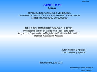 ANEXO A

                         CAPÍTULO VII
                              Anexos

       REPÚBLICA BOLIVARIANA DE VENEZUELA
UNIVERSIDAD PEDAGÓGICA EXPERIMENTAL LIBERTADOR
          INSTITUTO XXXXXXX XX XXXXXXX



       TÍTULO DEL TRABAJO DE GRADO O LA TESIS
      Proyecto del trabajo de Grado (o la Tesis) para optar
Al grado de Especialidad (o Magíster) (o Doctor) en Educación
                Mención Xxxxx xx xx Xxxxxxx




                                            Autor: Nombre y Apellido
                                            Tutor: Nombre y Apellido



                     Barquisimeto, julio 2012

                                                    Elaborado por: Licda. Mairely M.
                                                                   Profa. Dexy S.
 